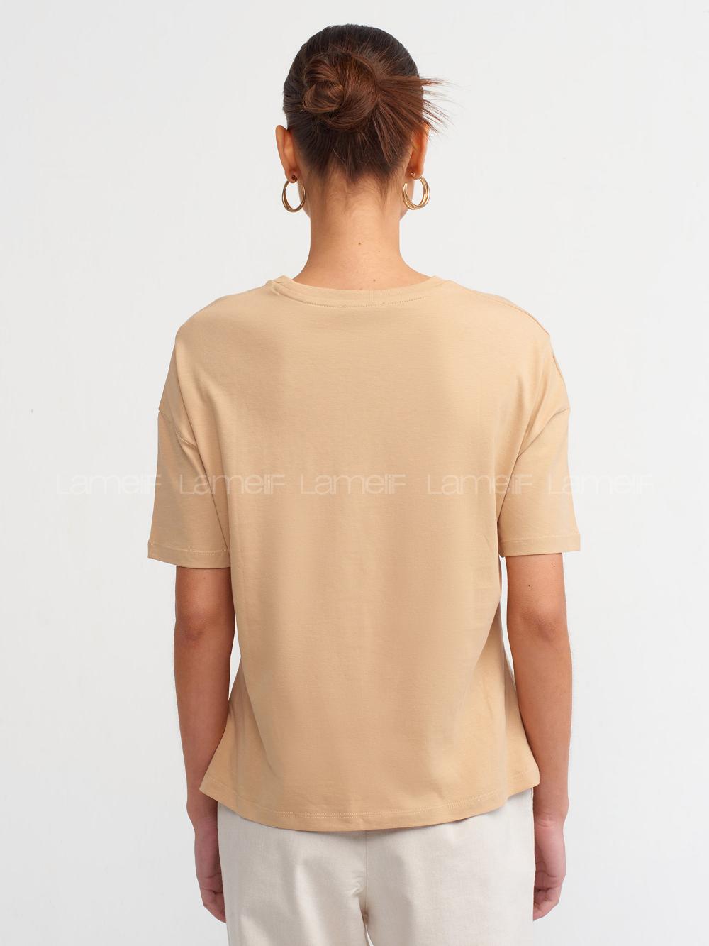 Beige Crew Neck Short Arm Cotton Fabric Unprinted T-shirt