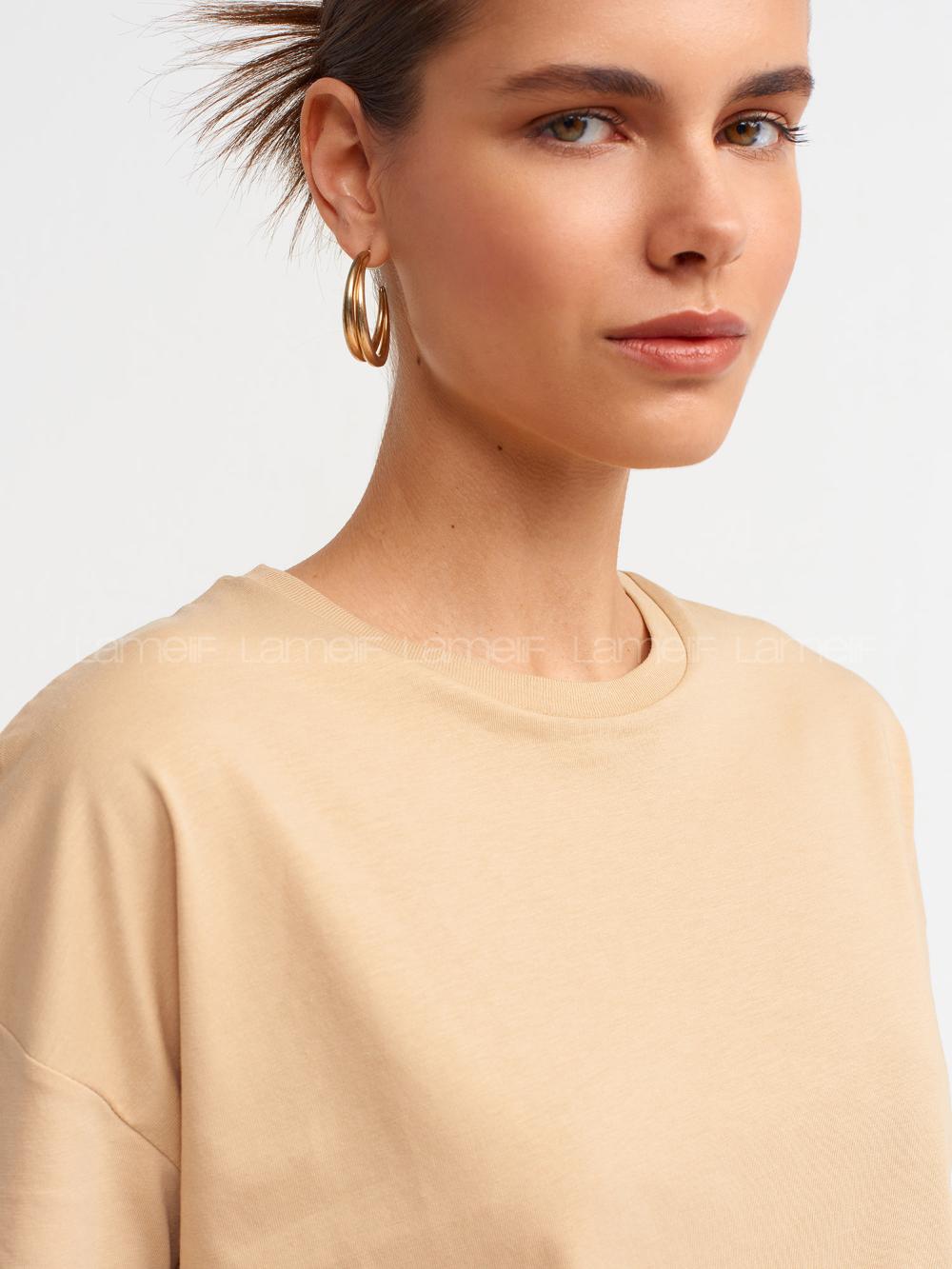 Beige Crew Neck Short Arm Cotton Fabric Unprinted T-shirt