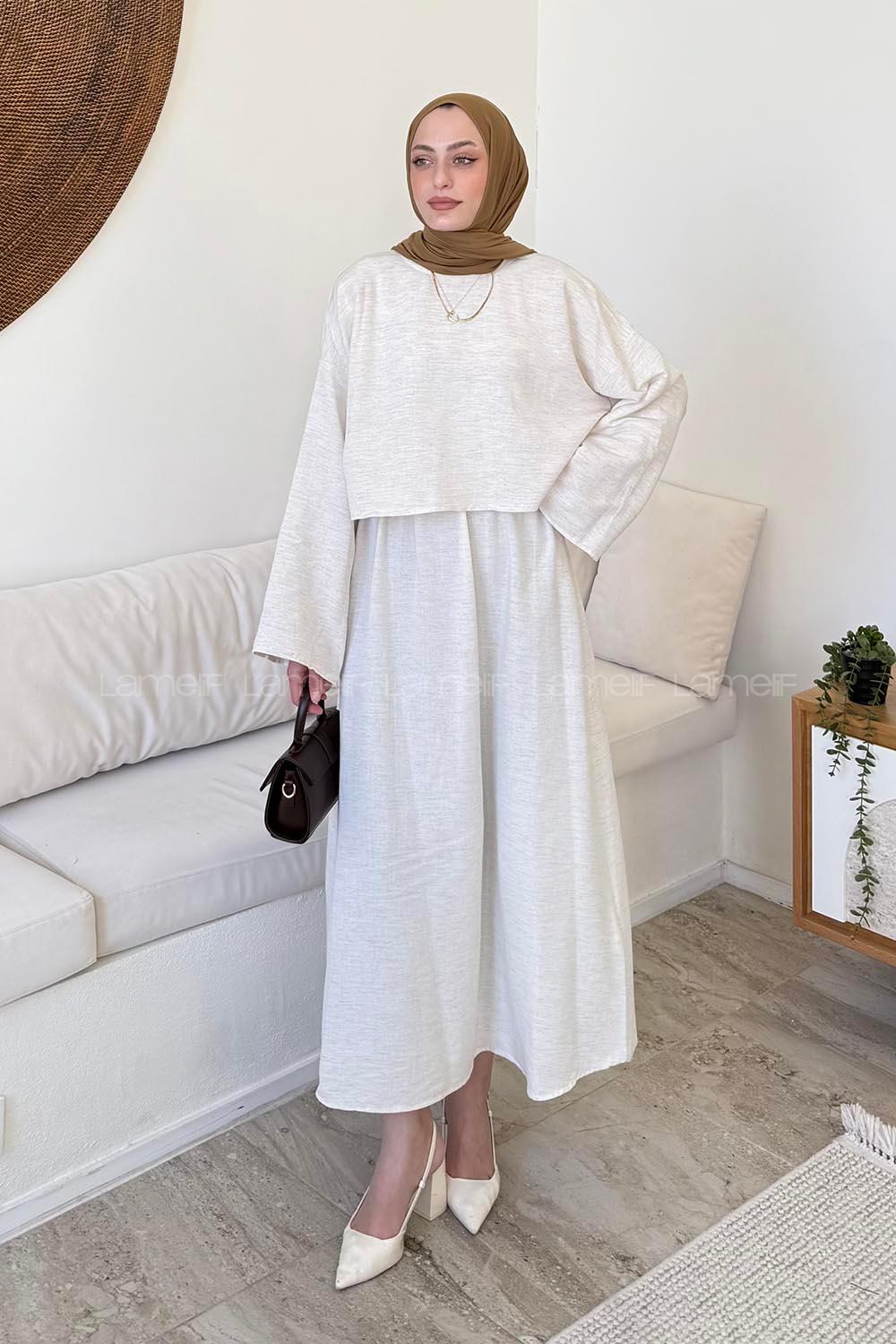 Lamelif Etekli Tesettür Takım Bej