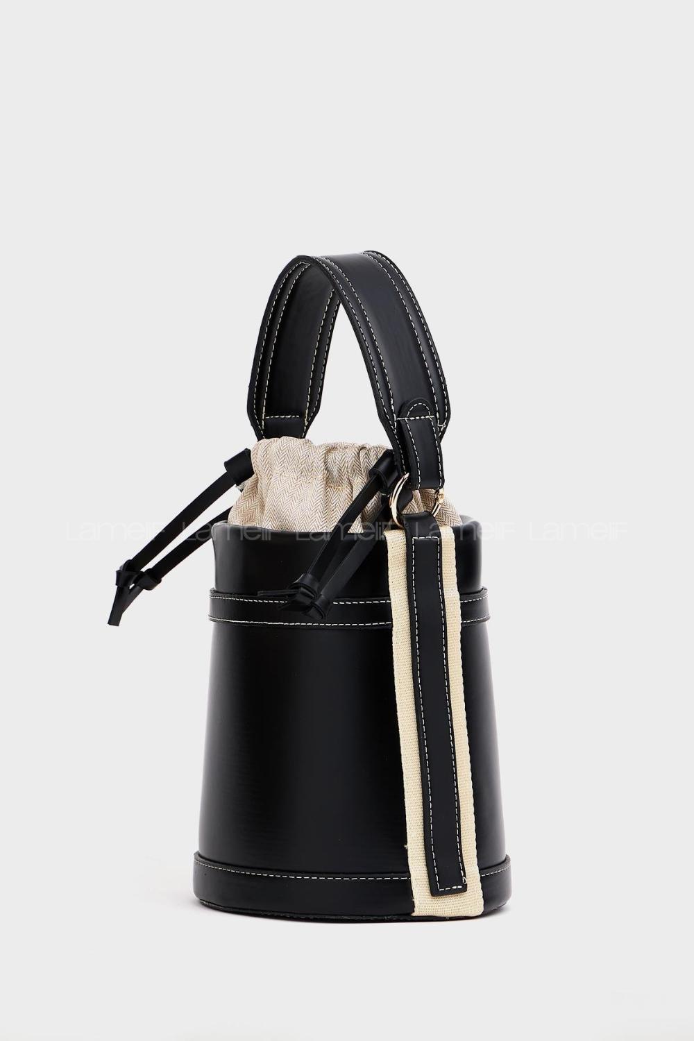 Lamelif Kova model Kontrast Dikişli Büzgülü Kapatma El ve Omuz Çanta Siyah 