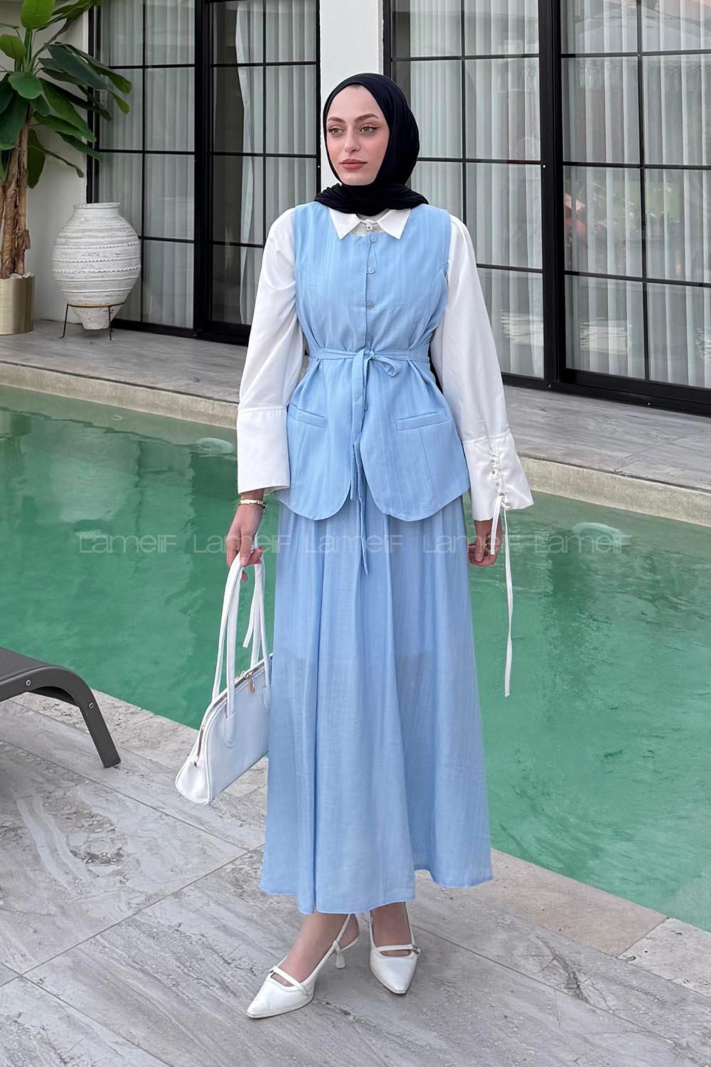 Lamelif Kup Detaylı Yelekli Takım Mavi