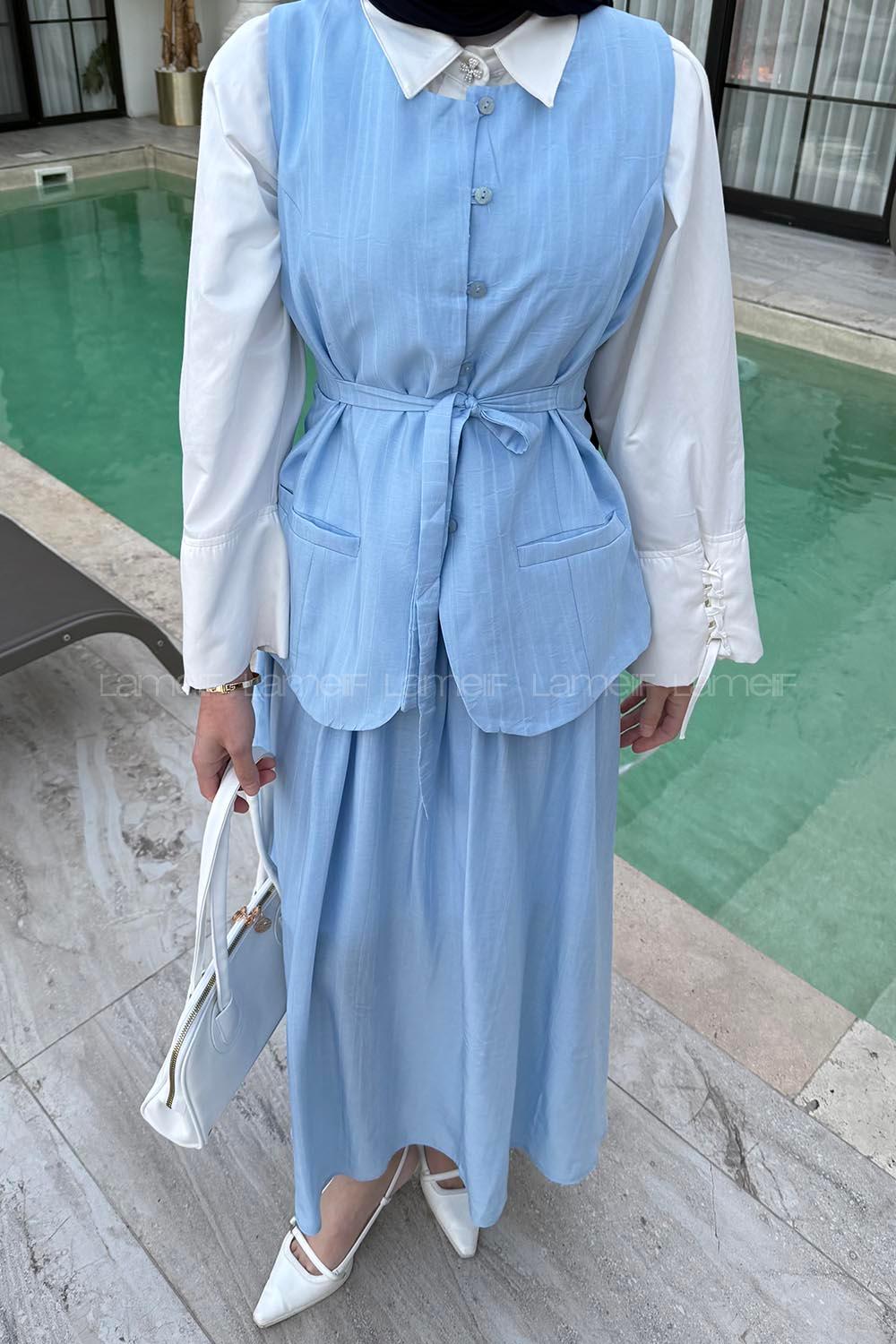 Lamelif Kup Detaylı Yelekli Takım Mavi