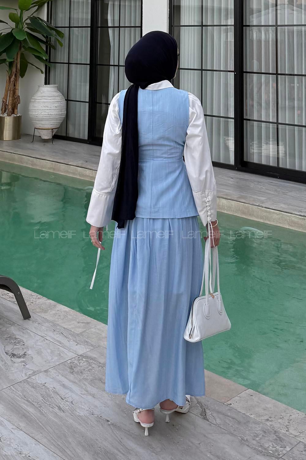 Lamelif Kup Detaylı Yelekli Takım Mavi