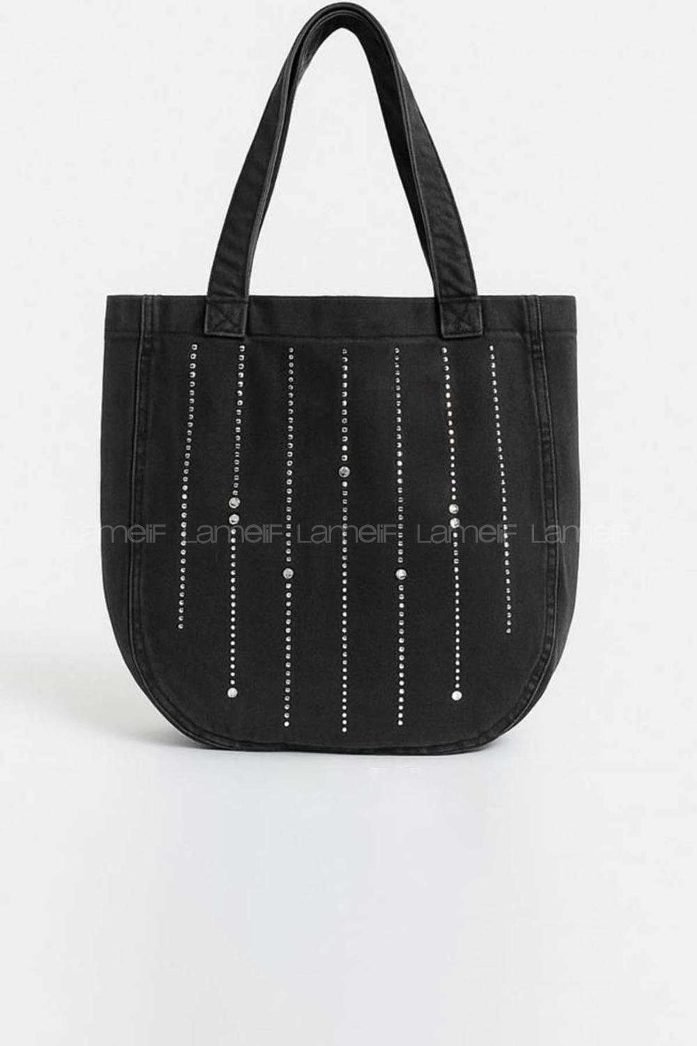 Lamelif Yıkamalı Düz Taş İşlemeli Kot Cırt Kapamalı Armalı Çanta 