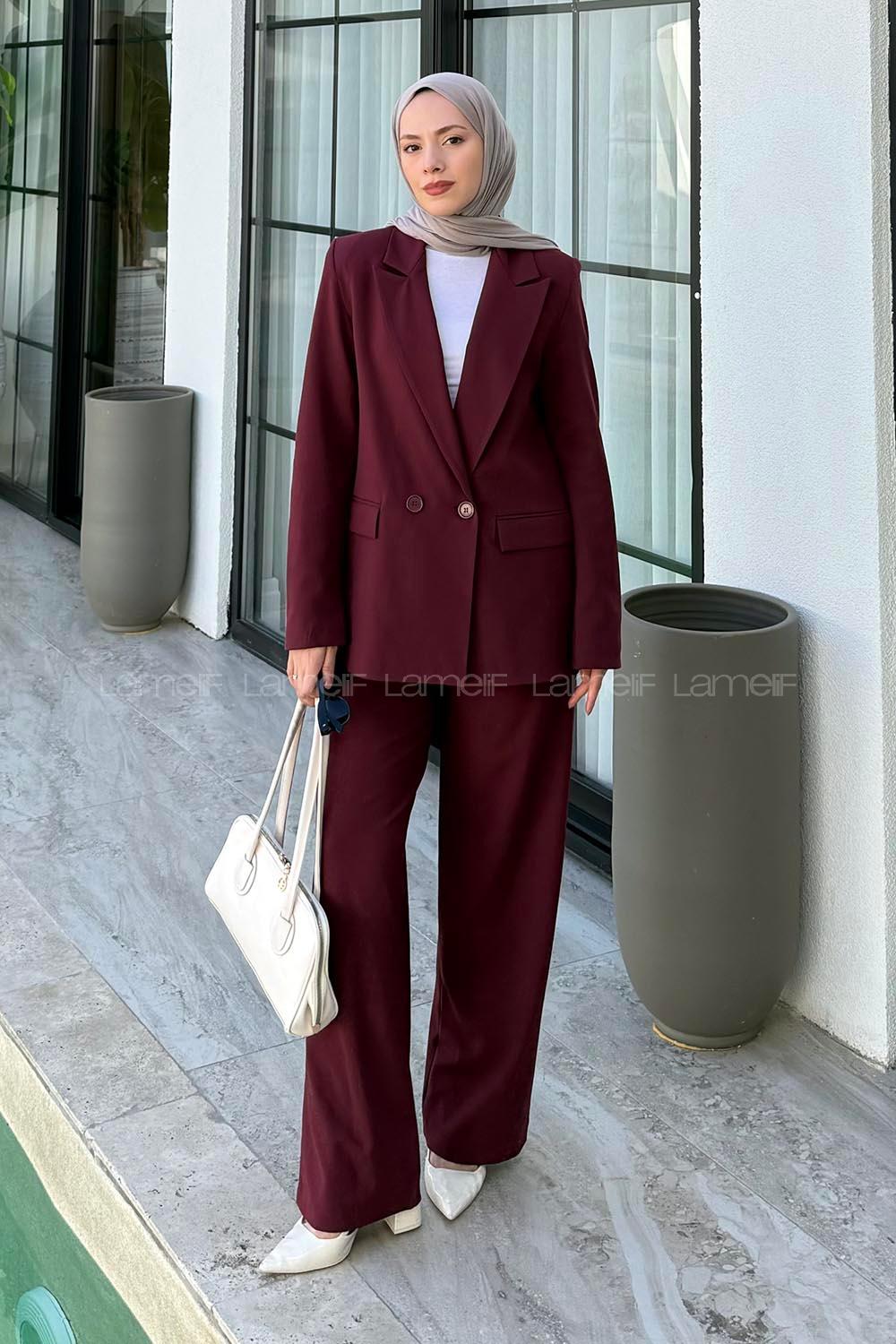 Lamelif Çift Düğmeli Ceket Tesettür Takım Bordo