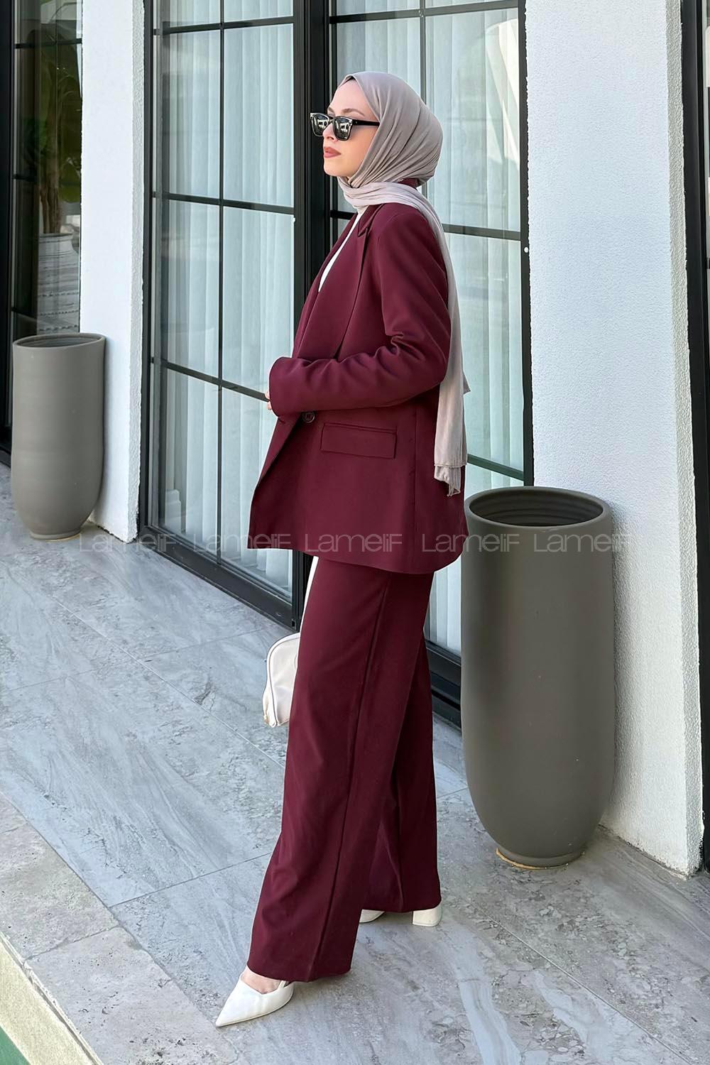 Lamelif Çift Düğmeli Ceket Tesettür Takım Bordo