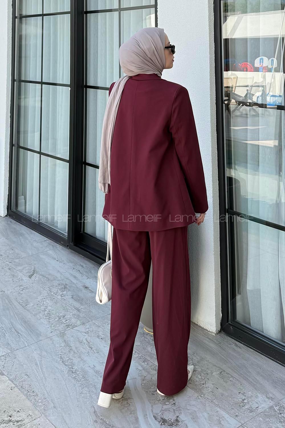 Lamelif Çift Düğmeli Ceket Tesettür Takım Bordo