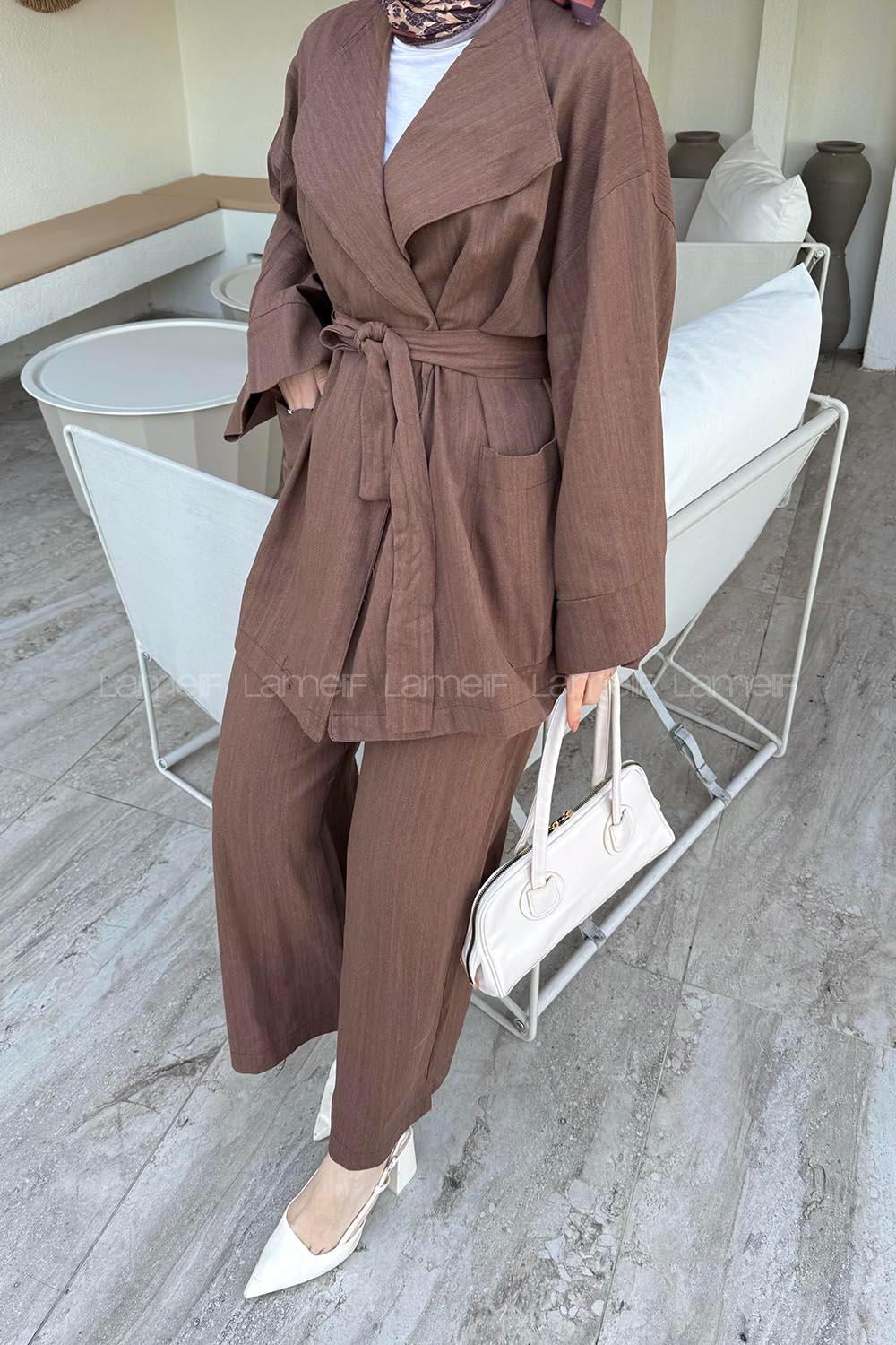 Lamelif Kimono Tesettür Takım Kahve