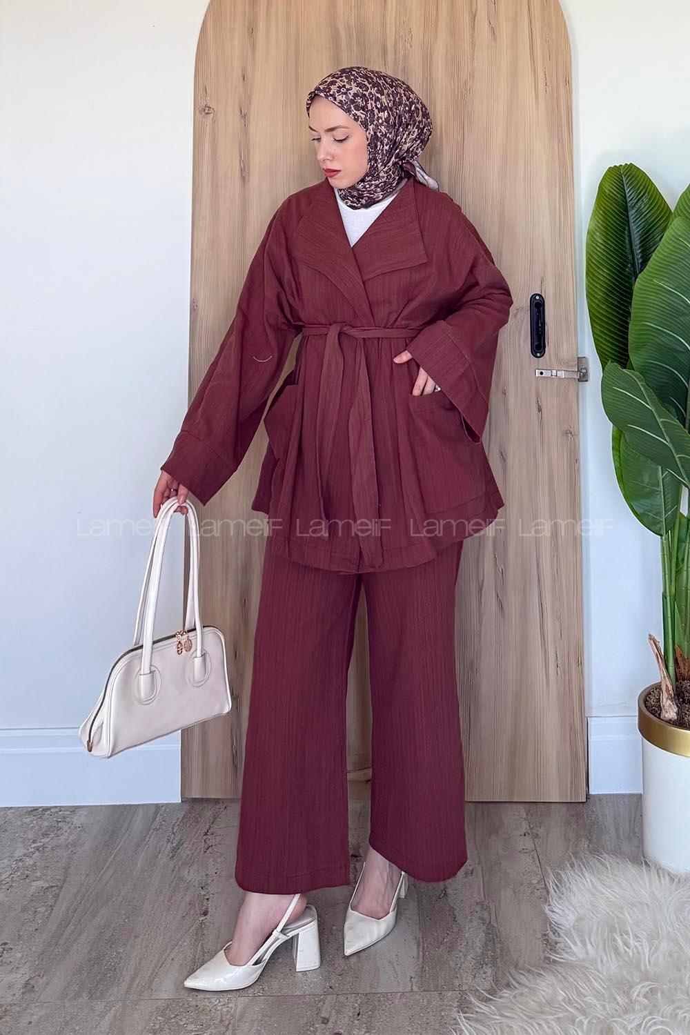 Lamelif Kimono Tesettür Takım Kiremit