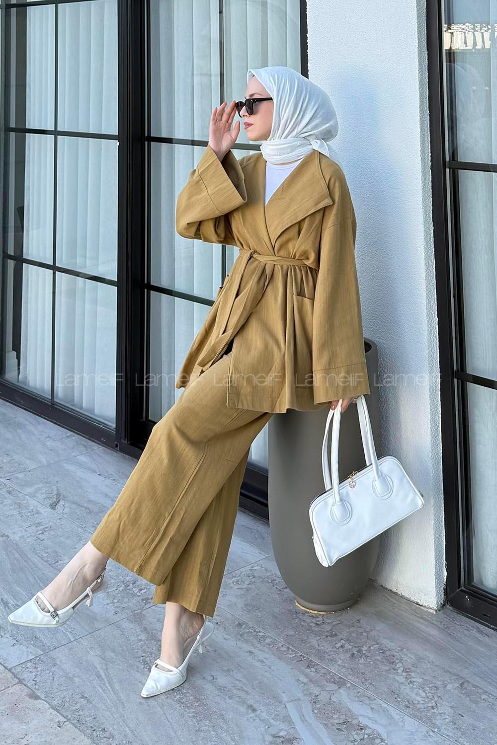 Oil Green Normal Neck Long Arm Linen Cotton Fabric Viscose Fabric Regular Trousers Linen Suit