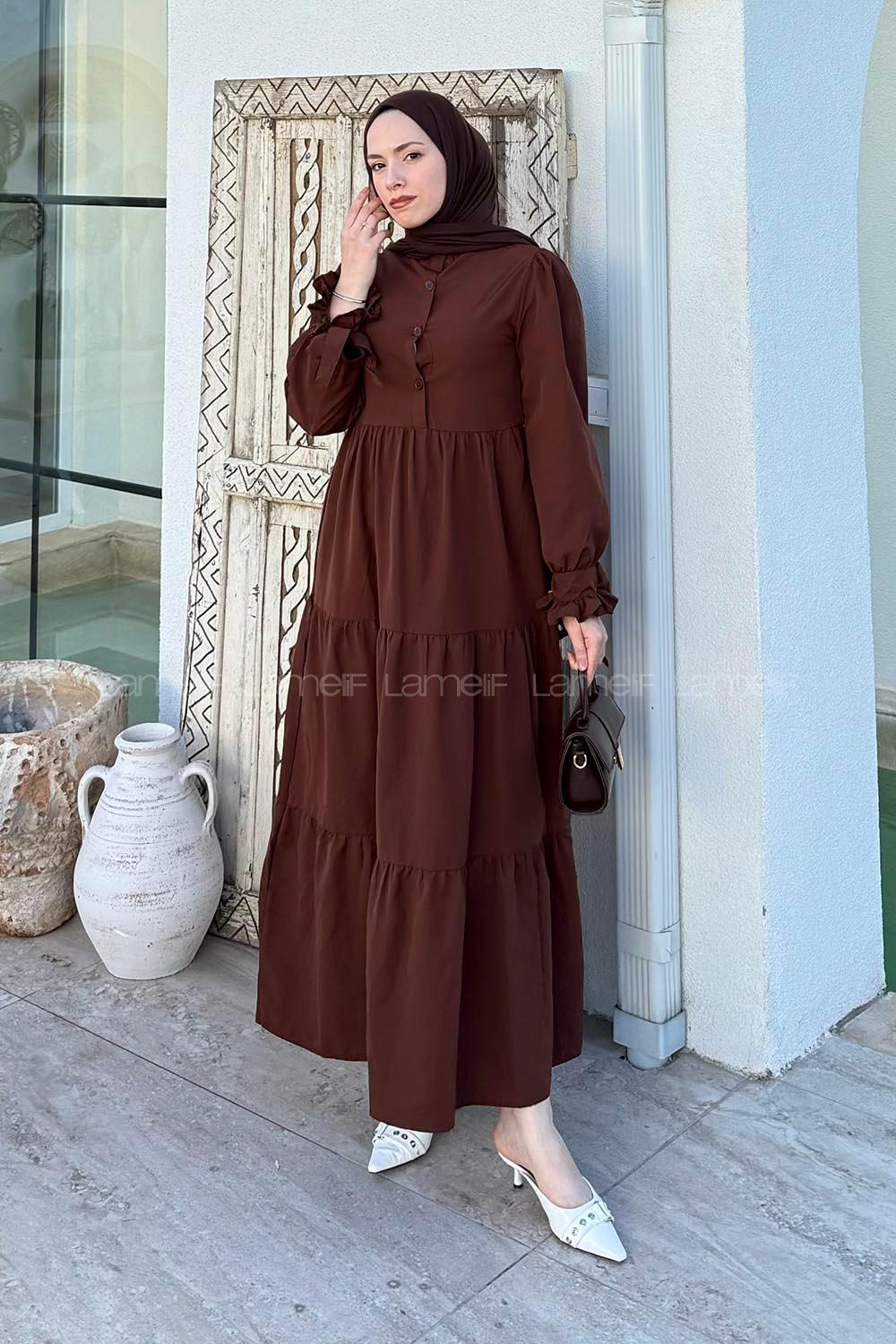 Lamelif Kol Bağlama Detaylı Tesettür Elbise Acı Kahve