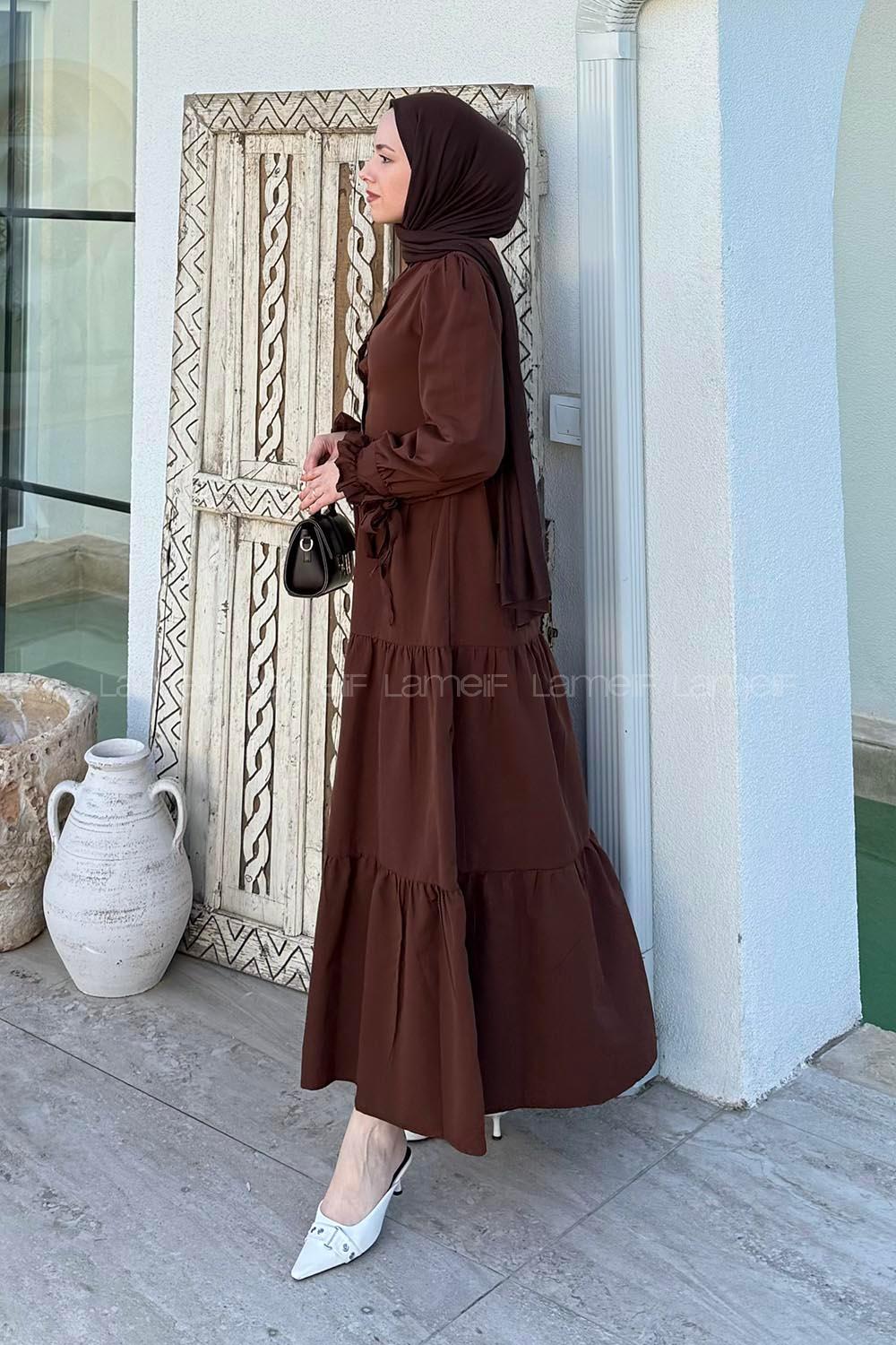 Lamelif Kol Bağlama Detaylı Tesettür Elbise Acı Kahve