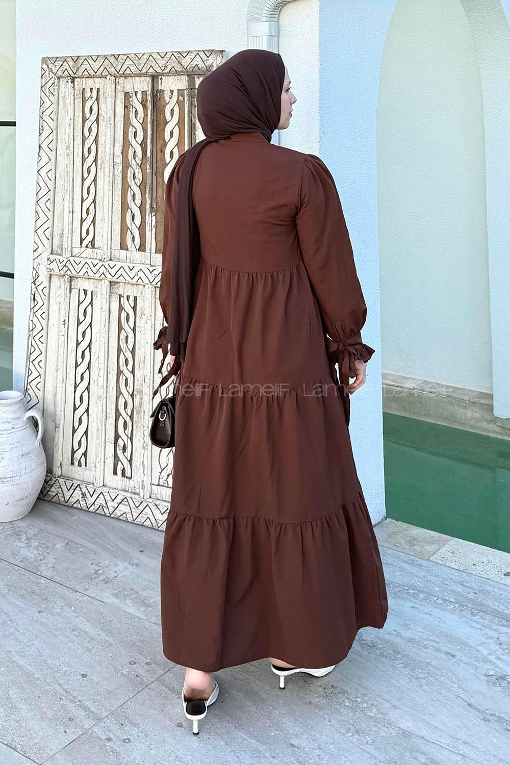 Lamelif Kol Bağlama Detaylı Tesettür Elbise Acı Kahve