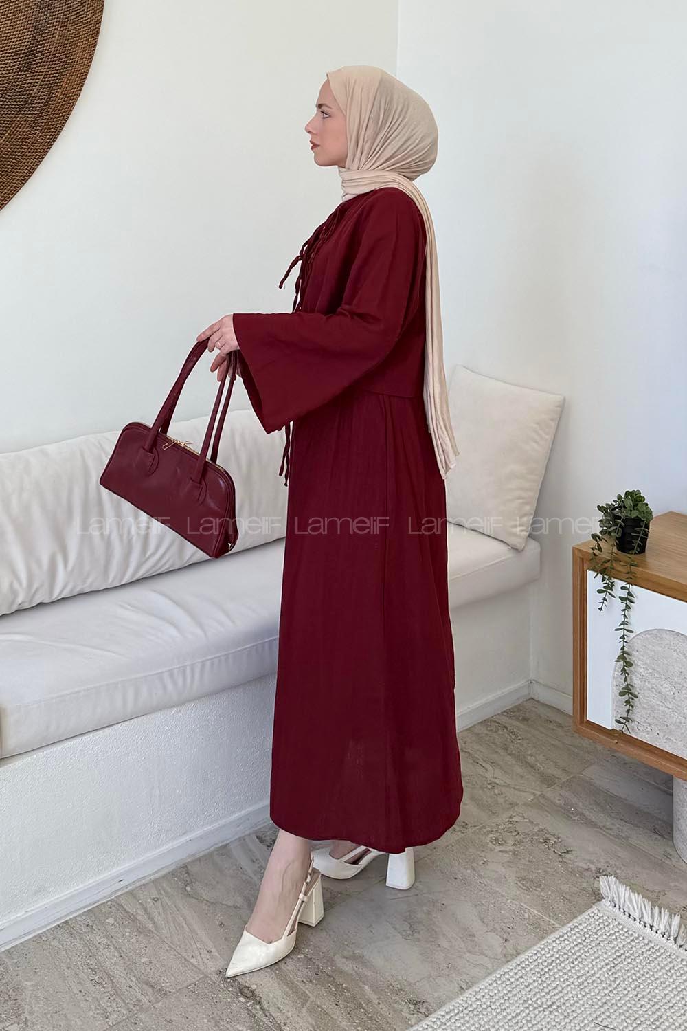 Lamelif Önü Bağlamalı Keten Takım Bordo