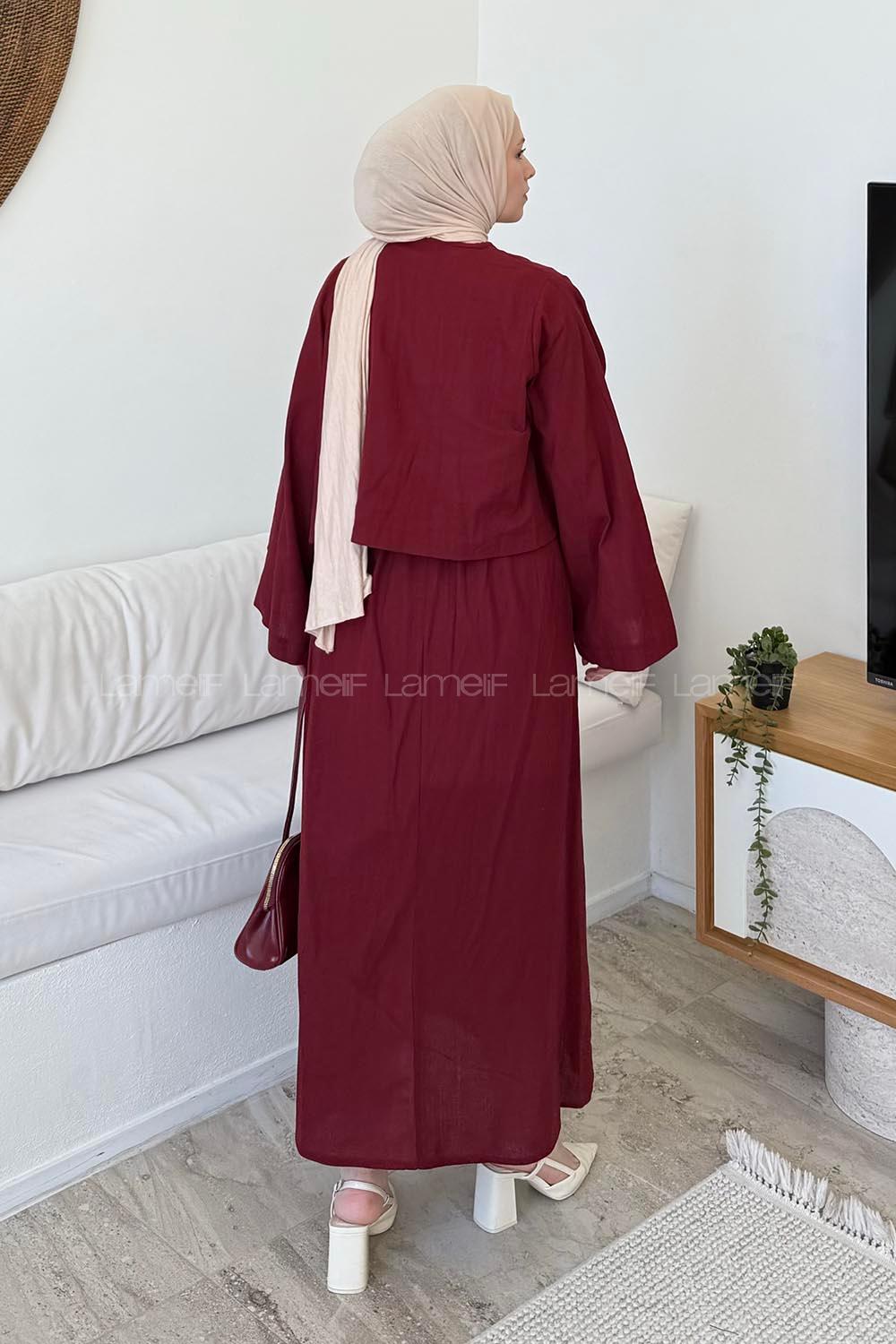 Lamelif Önü Bağlamalı Keten Takım Bordo