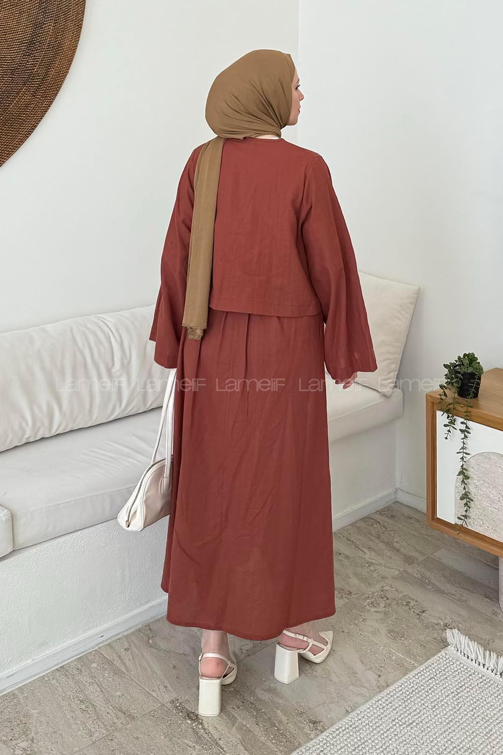 Lamelif Önü Bağlamalı Keten Takım Kiremit