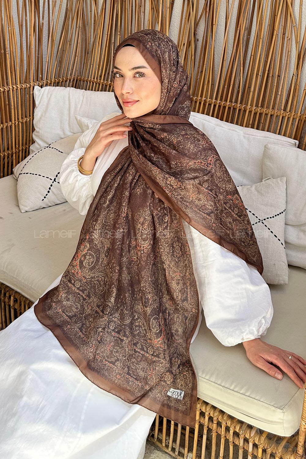 Lamelif Retro Desen Soft Şal Sütlü Kahve