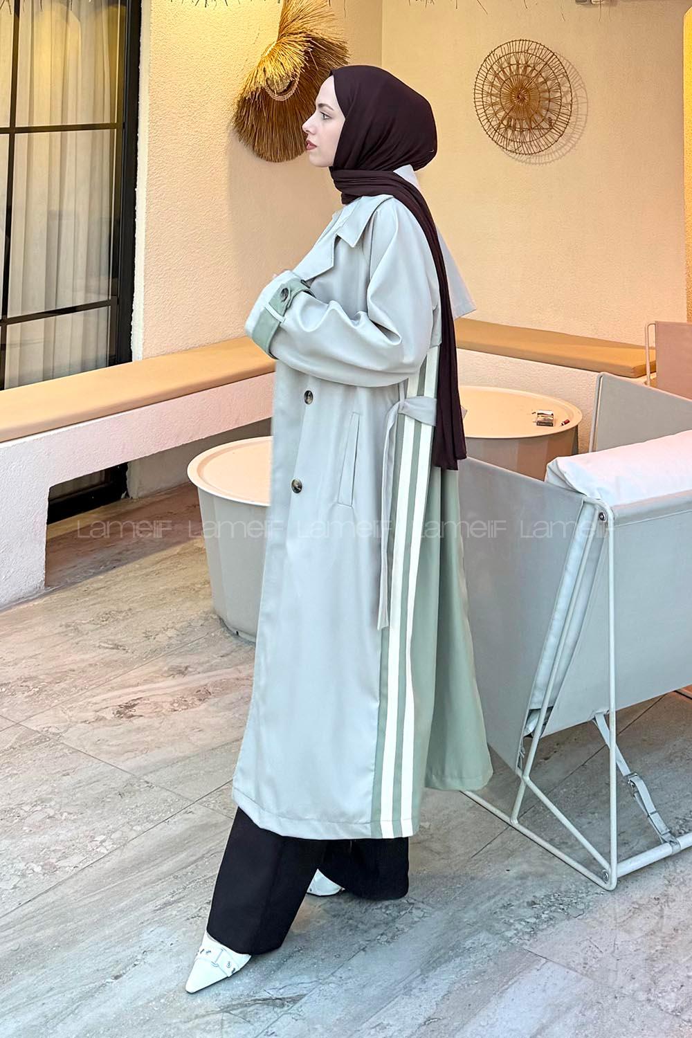 Lamelif Şerit Detay Kuşaklı Trenç Çağla