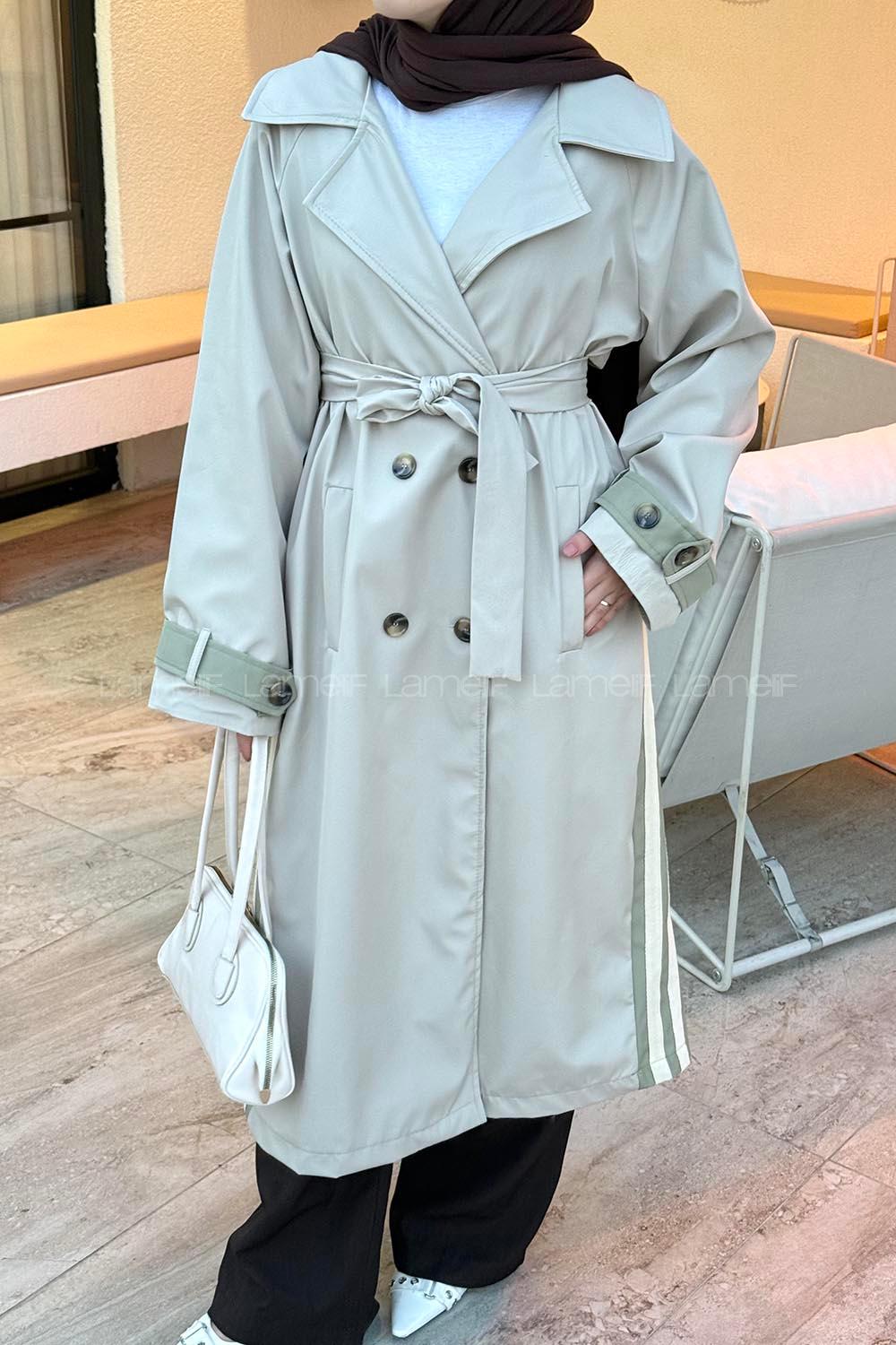 Lamelif Şerit Detay Kuşaklı Trenç Çağla