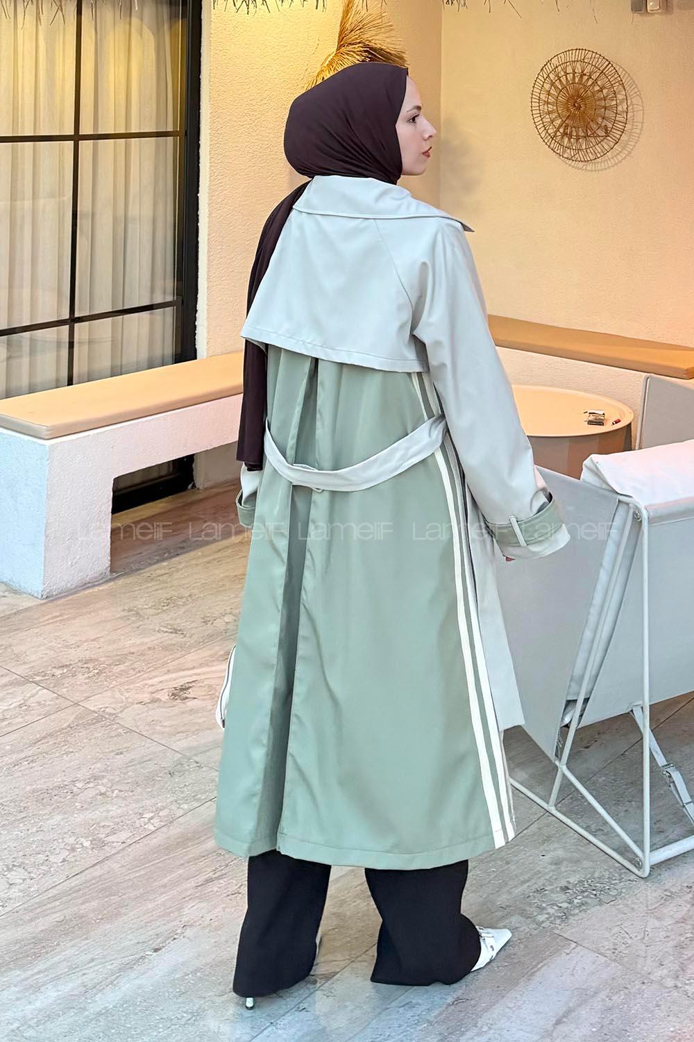 Lamelif Şerit Detay Kuşaklı Trenç Çağla