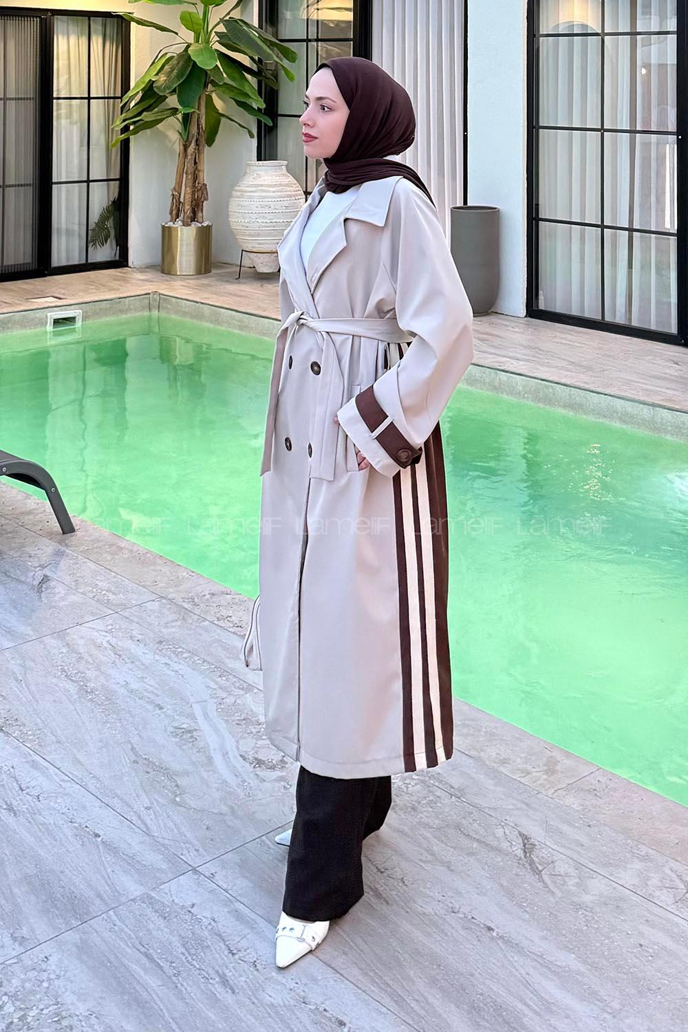 Lamelif Şerit Detay Kuşaklı Trenç Kahve