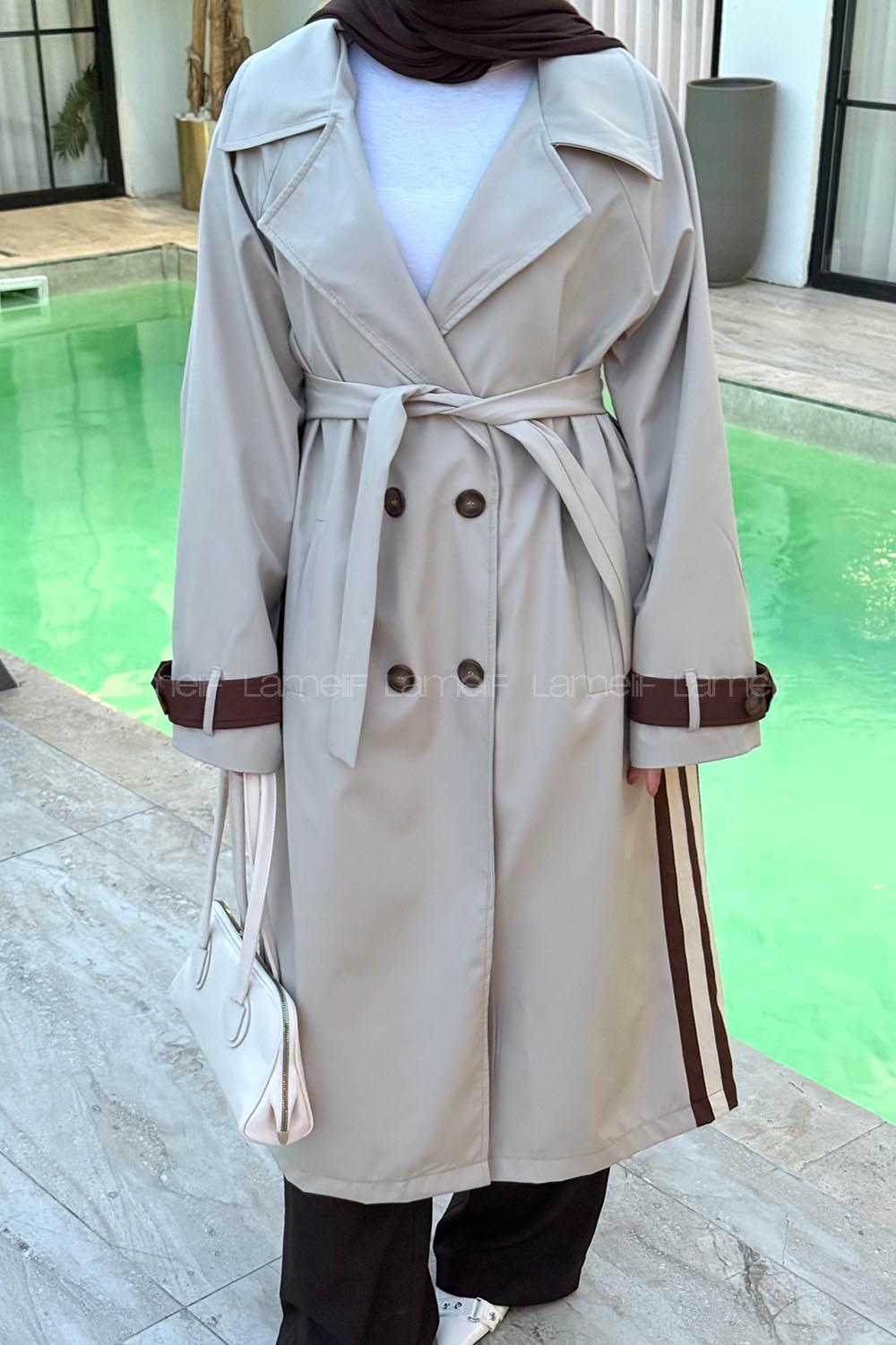 Lamelif Şerit Detay Kuşaklı Trenç Kahve