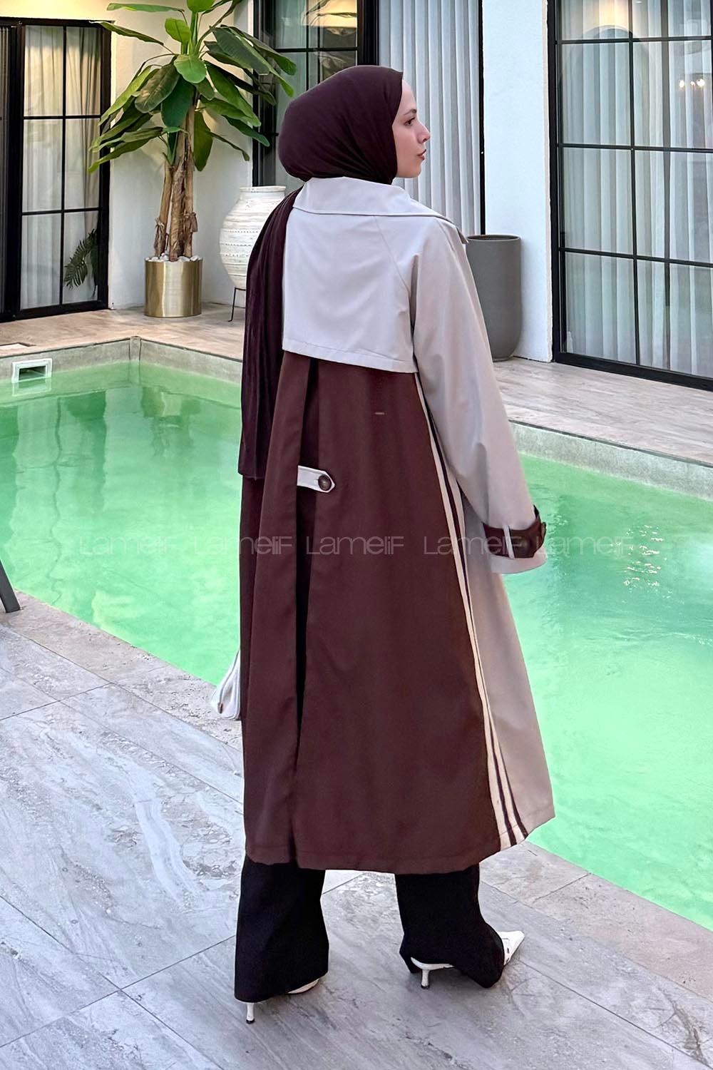 Lamelif Şerit Detay Kuşaklı Trenç Kahve