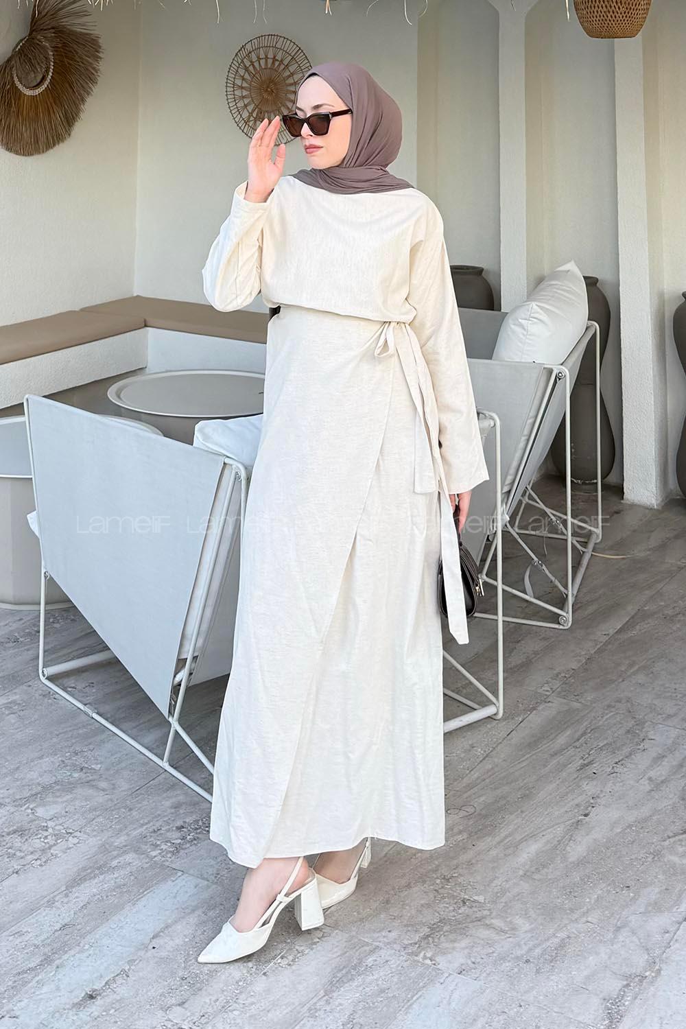 Lamelif Yandan Bağlamalı Keten Elbise Bej