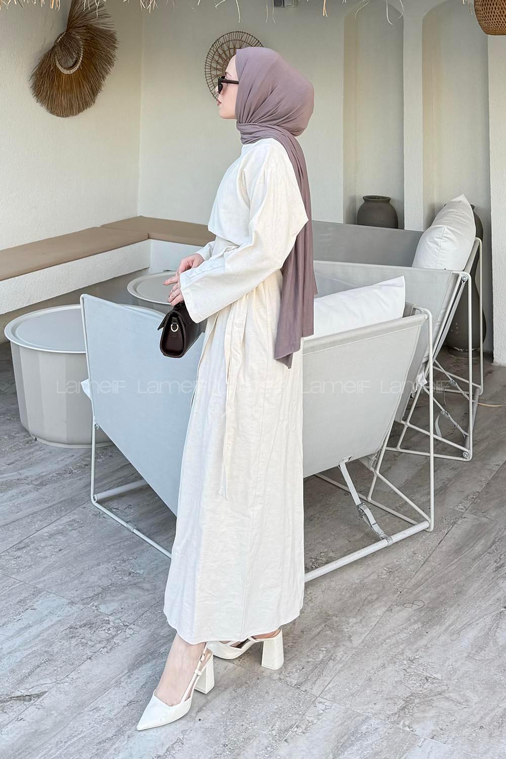 Lamelif Yandan Bağlamalı Keten Elbise Bej