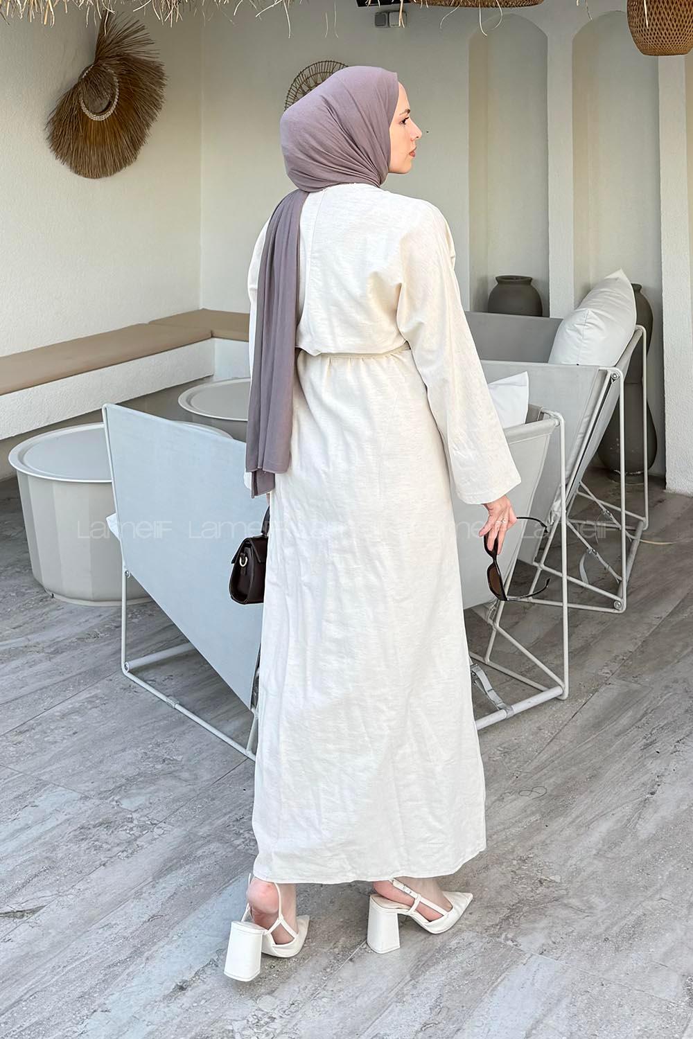 Lamelif Yandan Bağlamalı Keten Elbise Bej