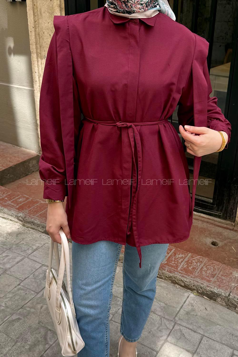 Lamelif Bel Bağlamalı Omuz Vatkalı Gömlek Bordo