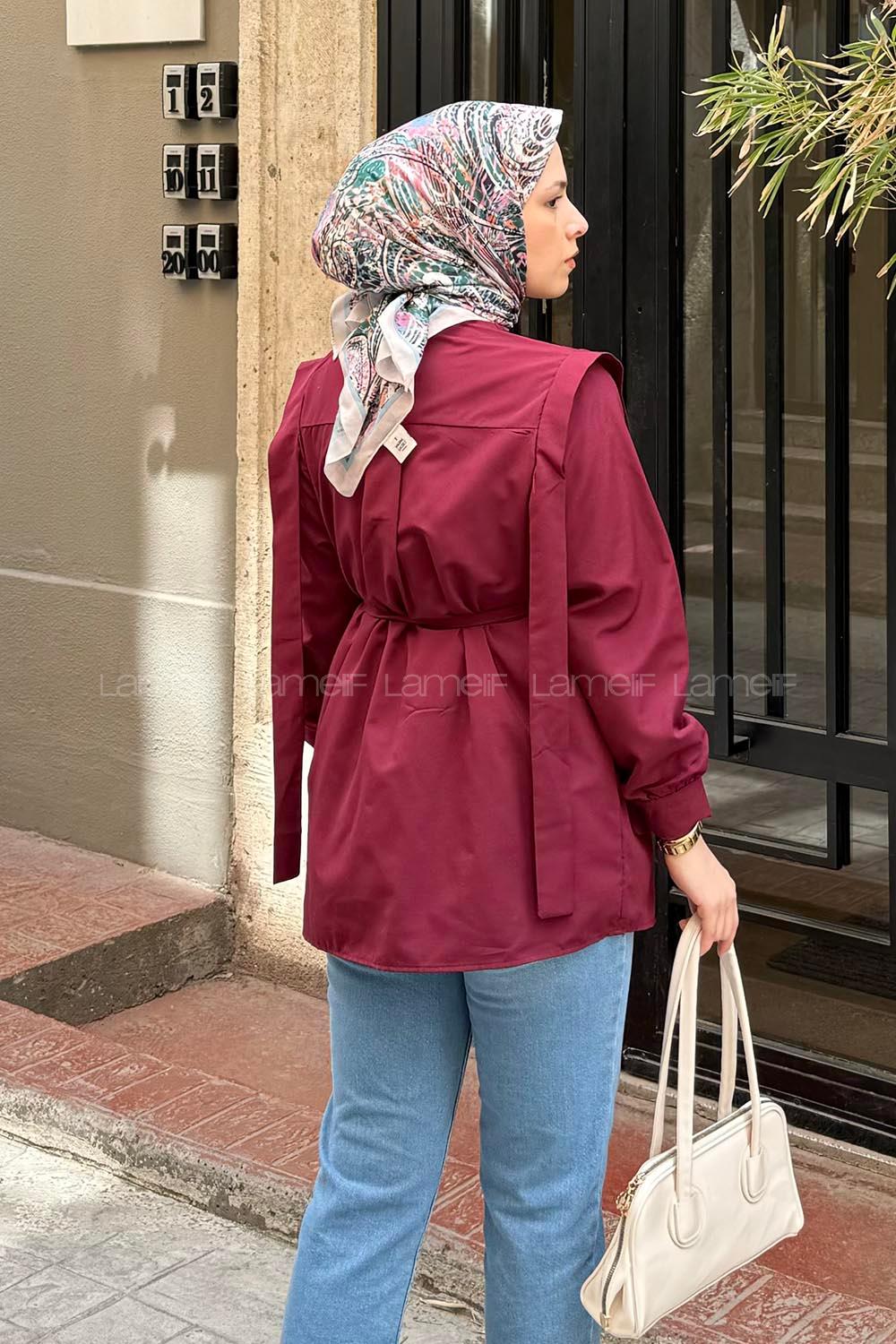 Lamelif Bel Bağlamalı Omuz Vatkalı Gömlek Bordo