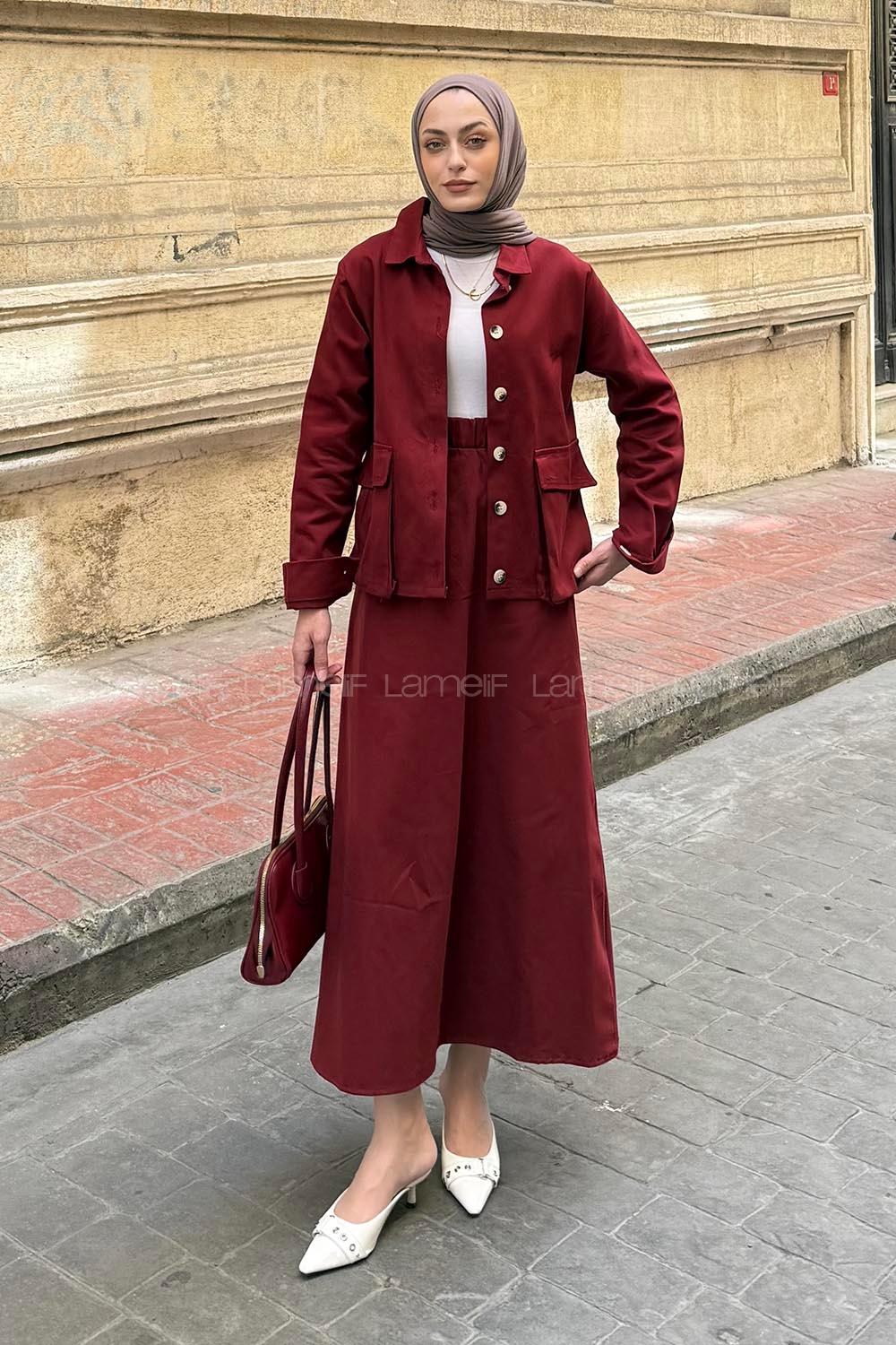 Claret Red Shirt Collar Long Arm Gabardin Flare Suit