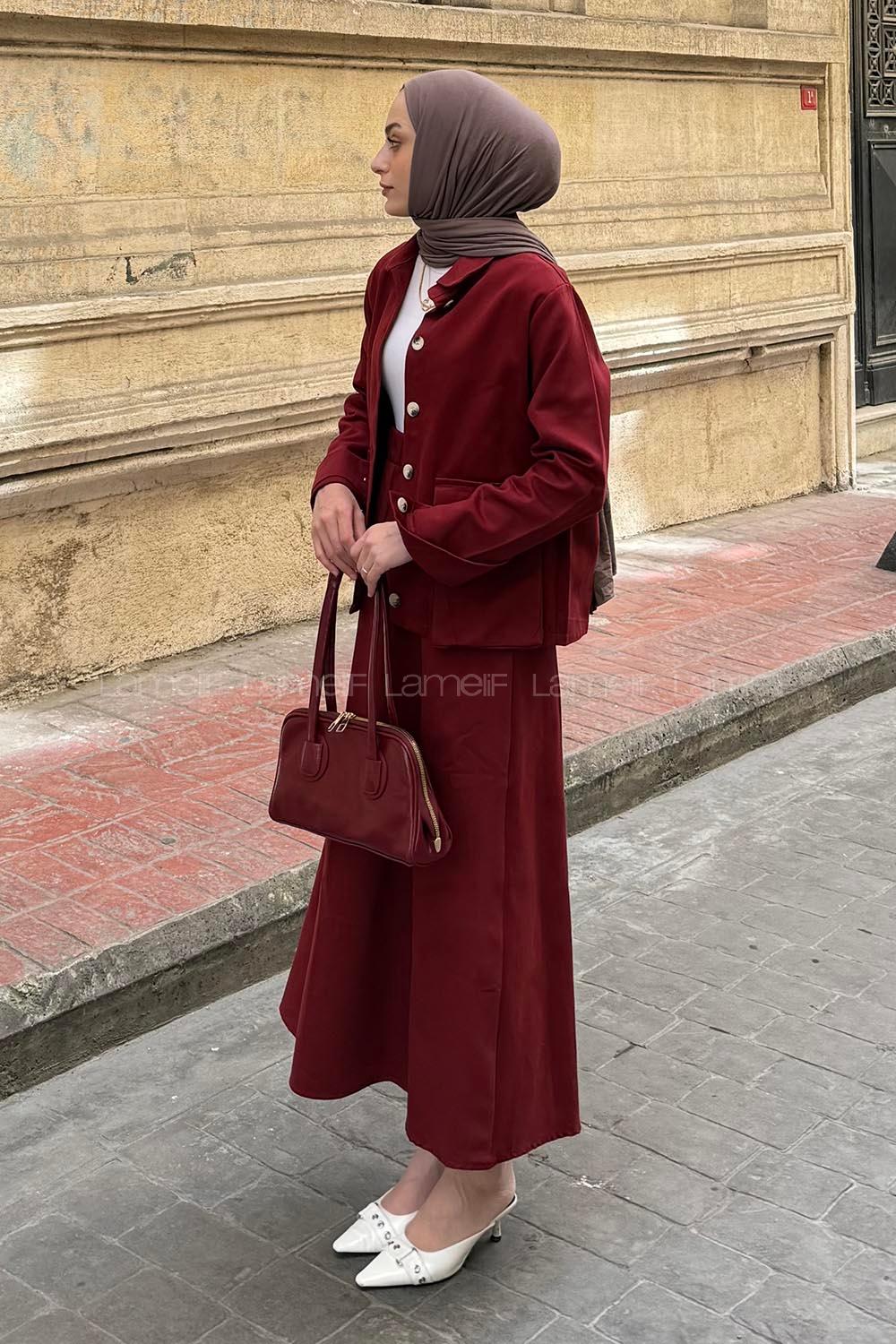 Claret Red Shirt Collar Long Arm Gabardin Flare Suit