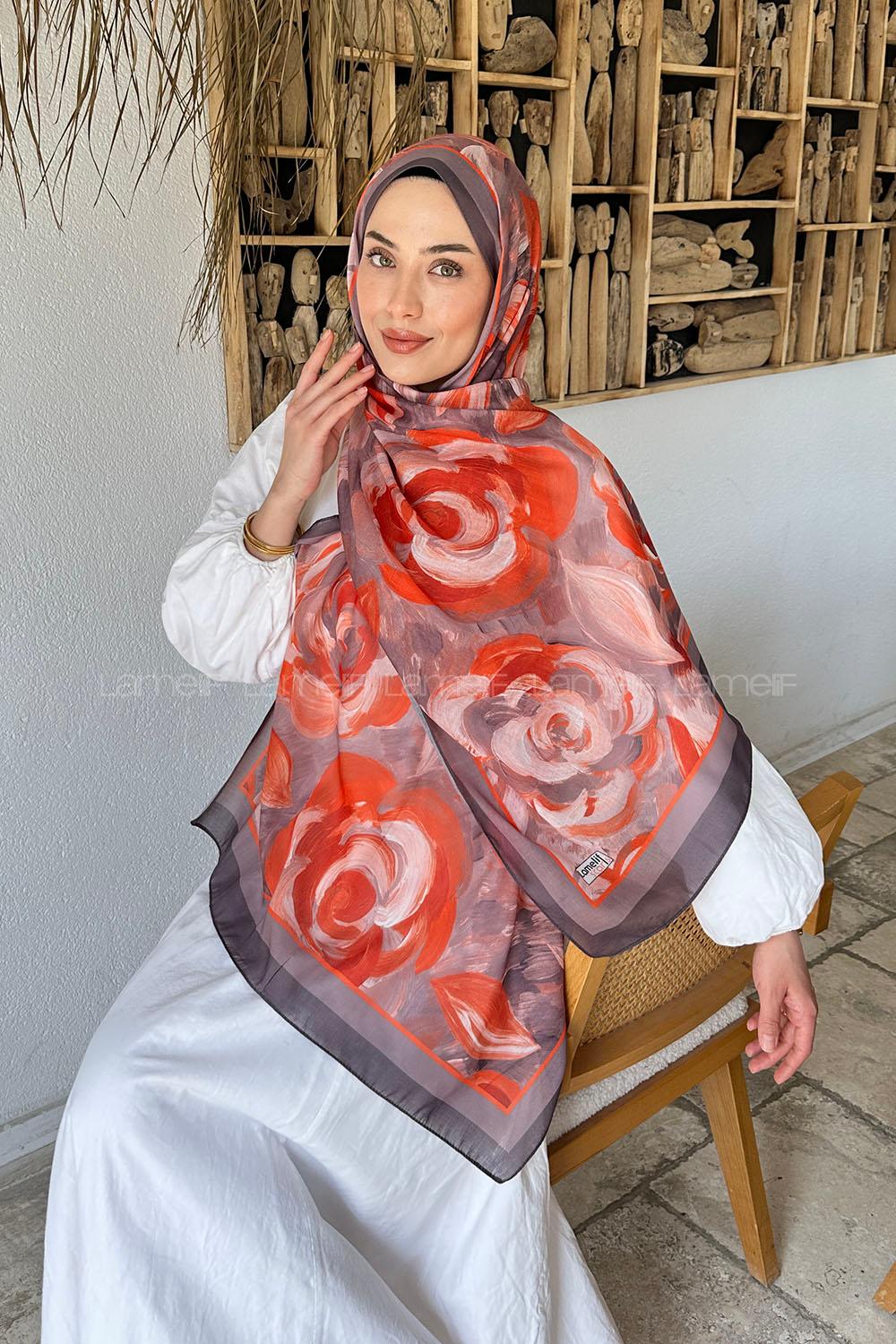 Lamelif Çiçek Desen Pamuk Şal Antrasit Turuncu