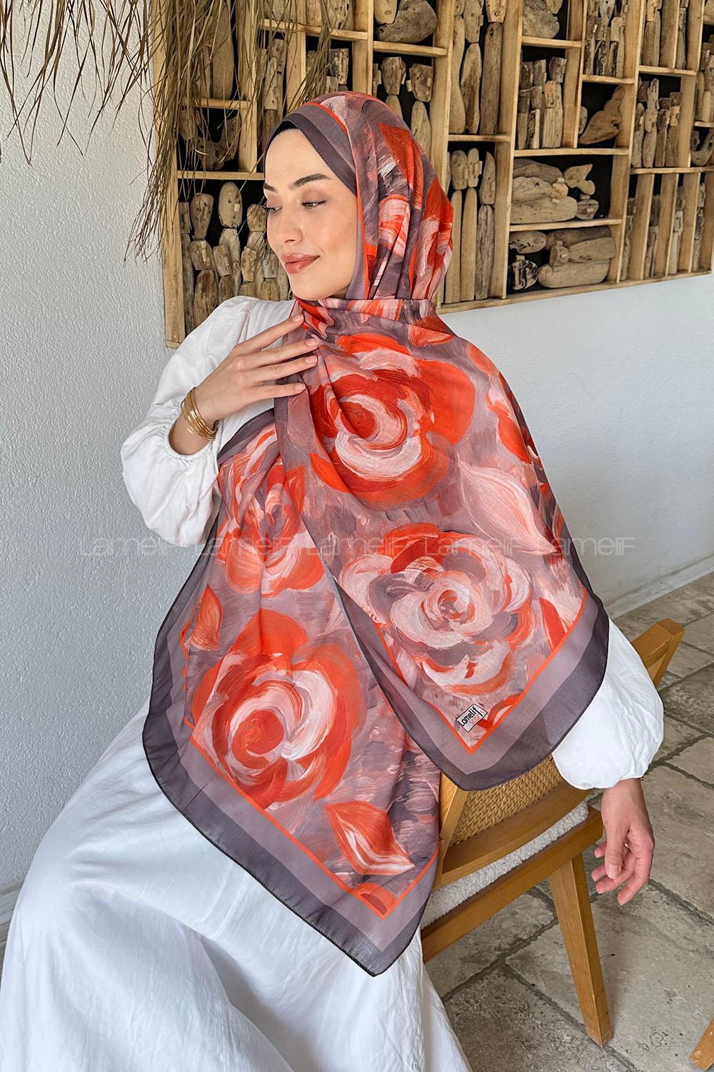 Lamelif Çiçek Desen Pamuk Şal Antrasit Turuncu