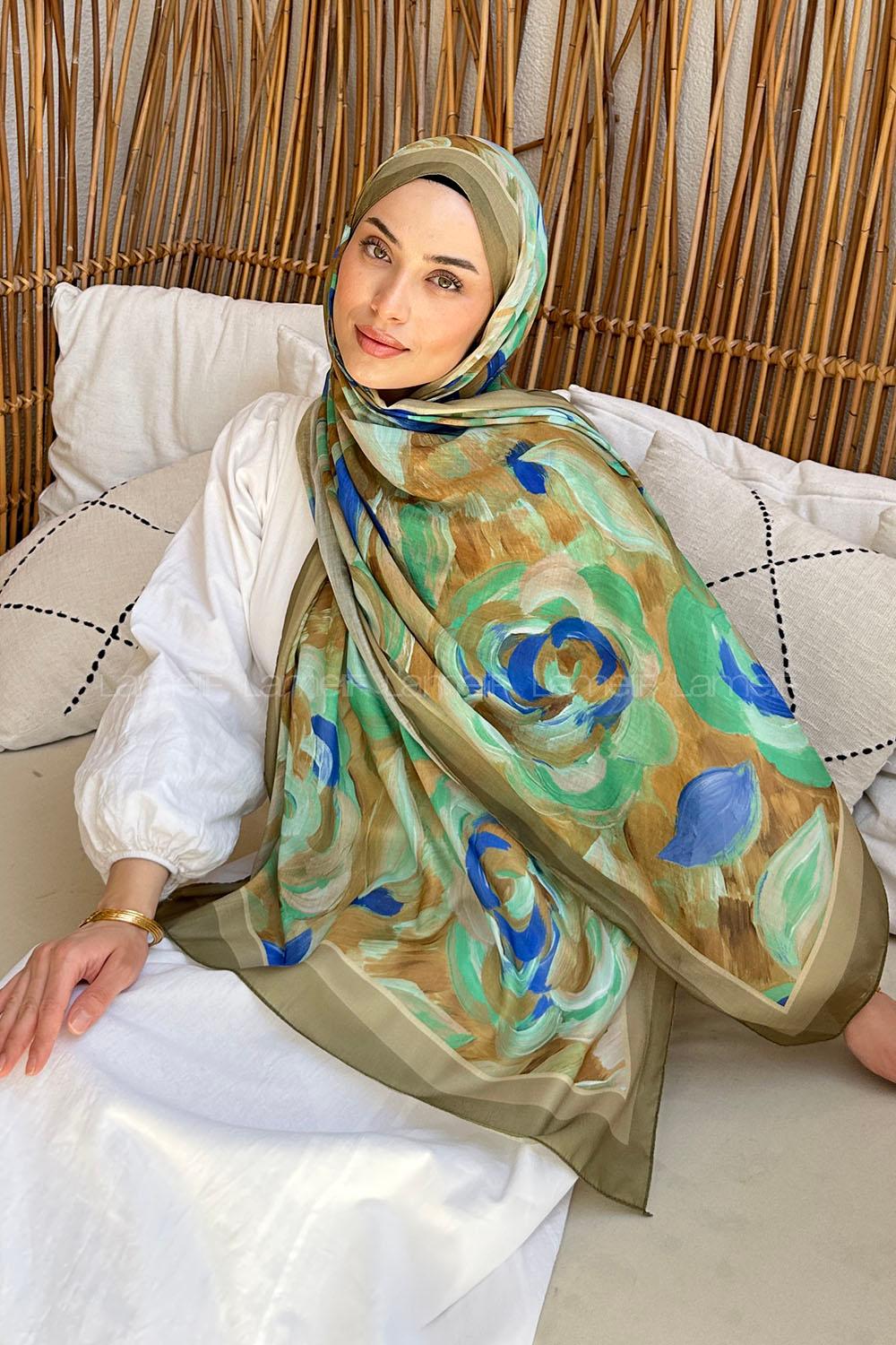 Lamelif Çiçek Desen Pamuk Şal Asker Yeşili