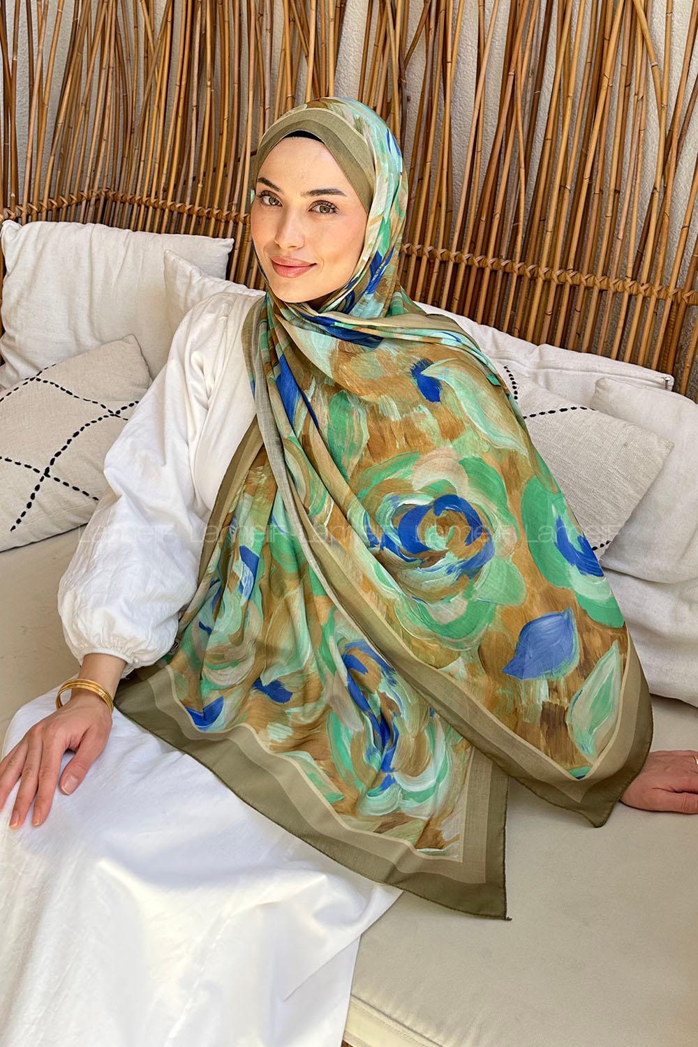 Lamelif Çiçek Desen Pamuk Şal Asker Yeşili