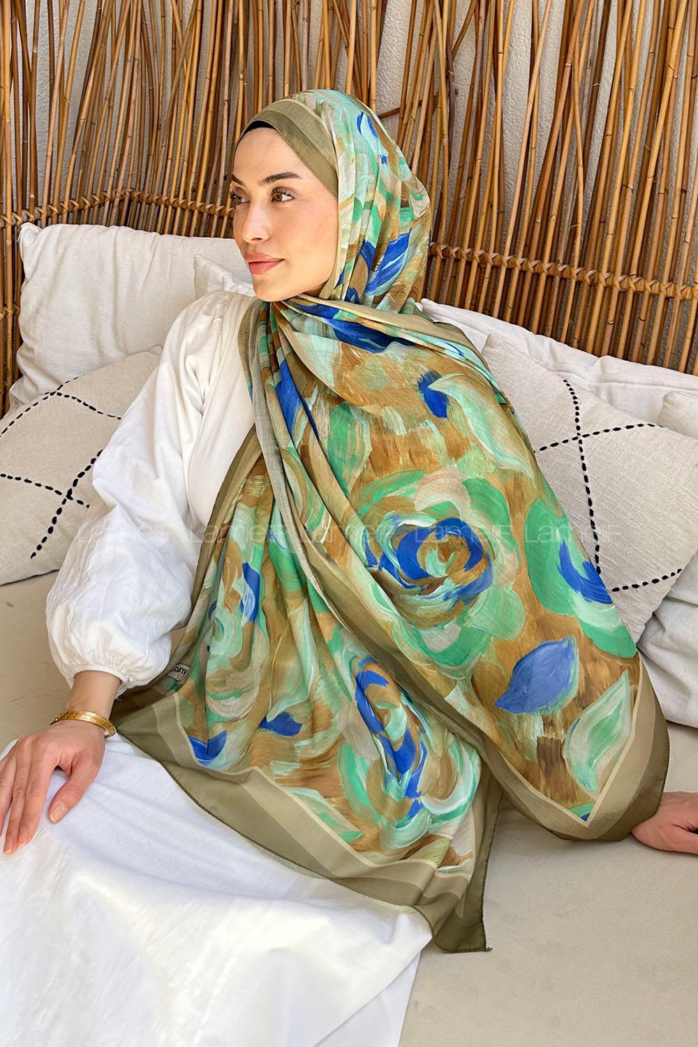 Lamelif Çiçek Desen Pamuk Şal Asker Yeşili