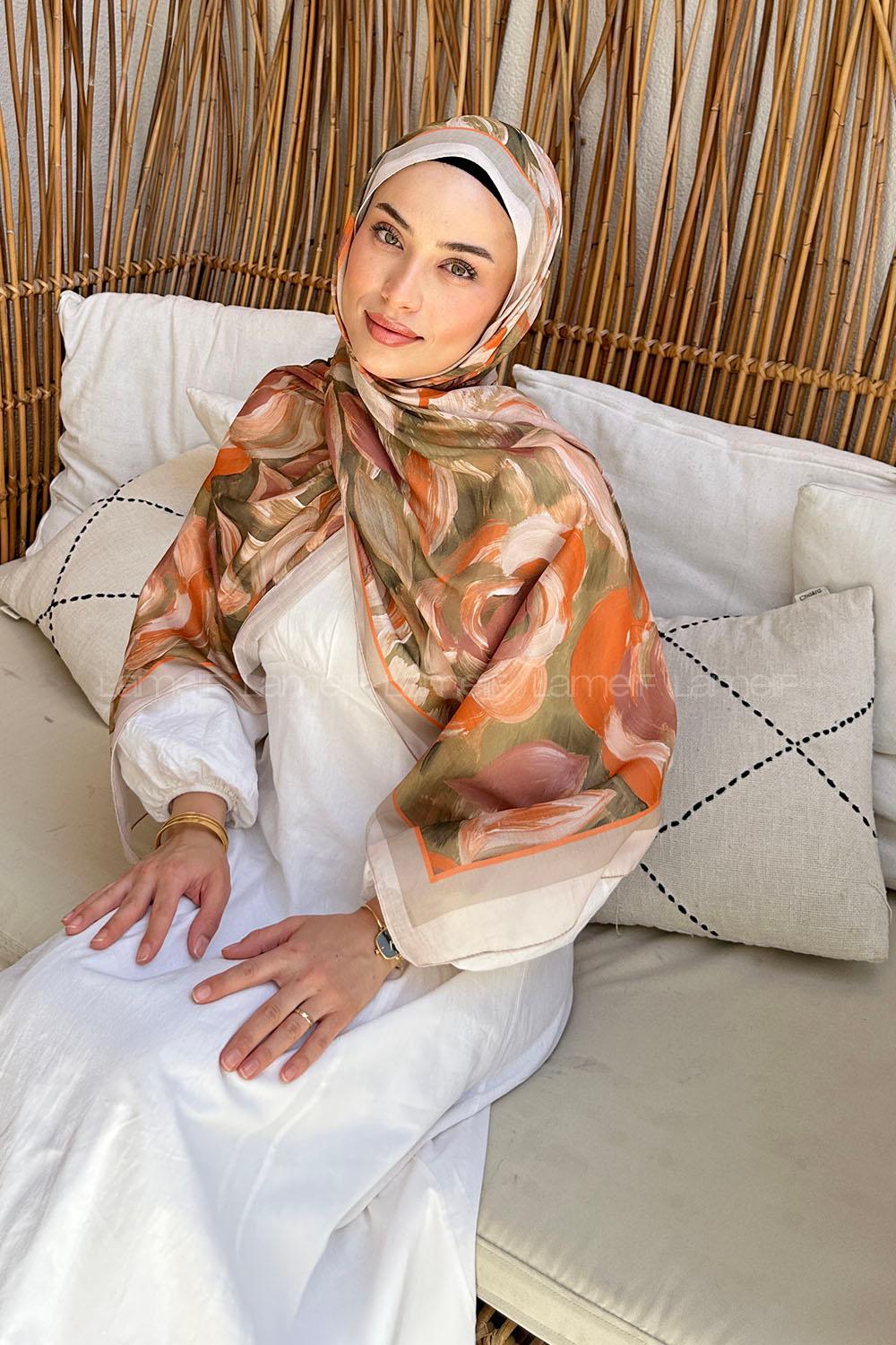 Lamelif Çiçek Desen Pamuk Şal Bej Yeşil