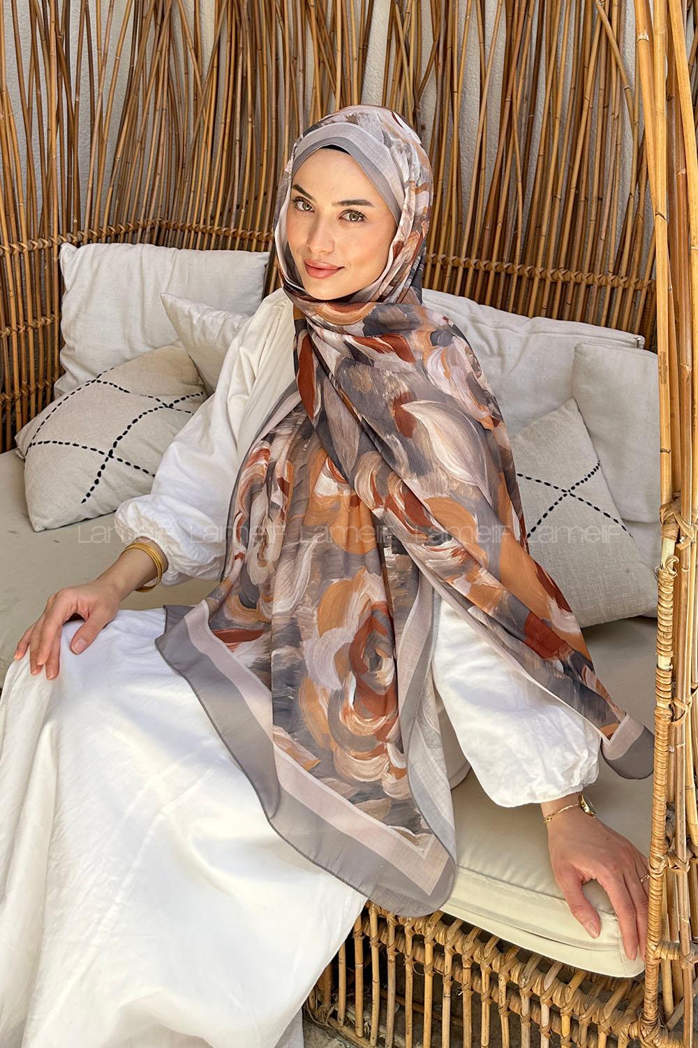 Lamelif Çiçek Desen Pamuk Şal Füme Vizon