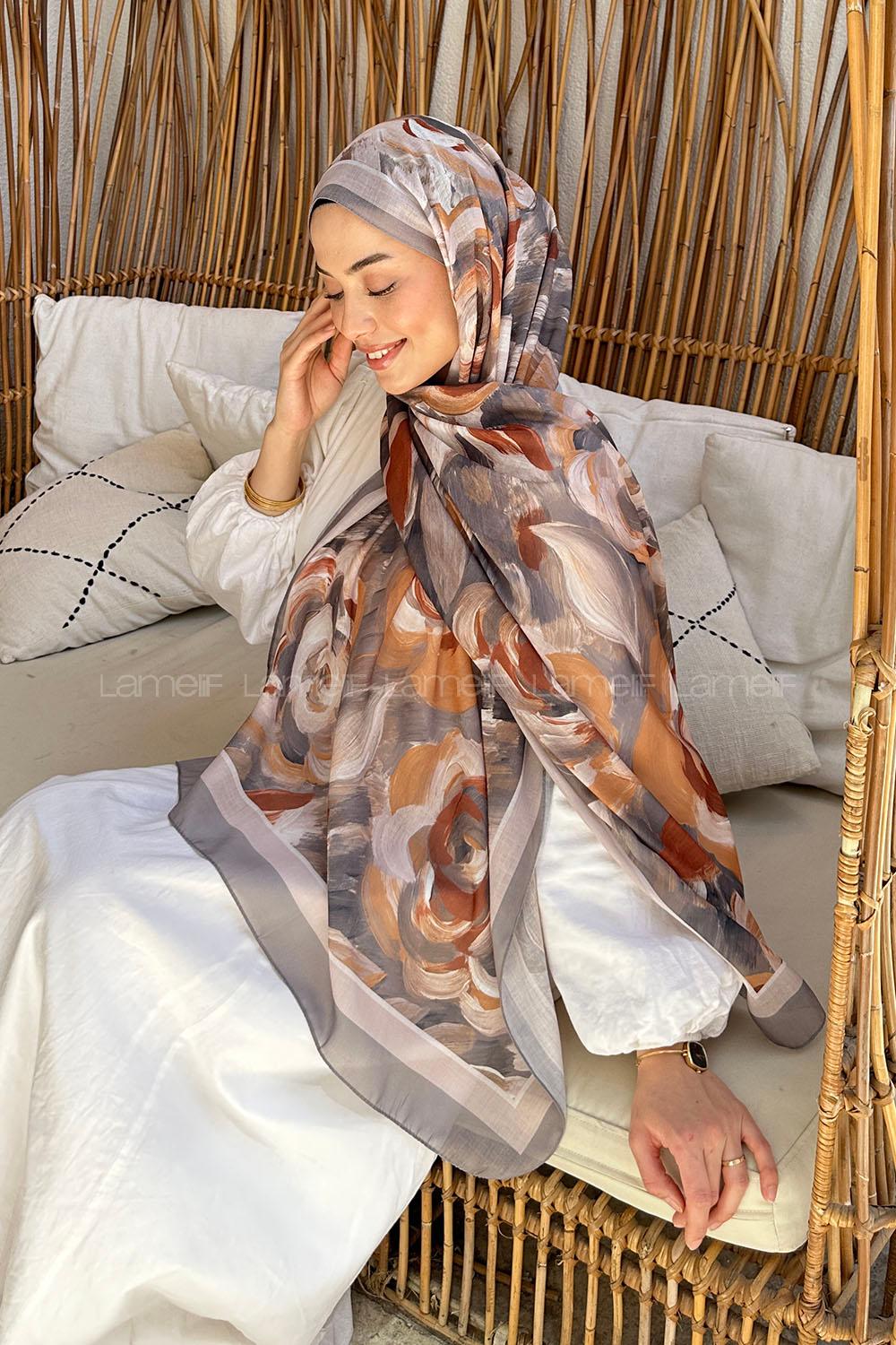 Lamelif Çiçek Desen Pamuk Şal Füme Vizon