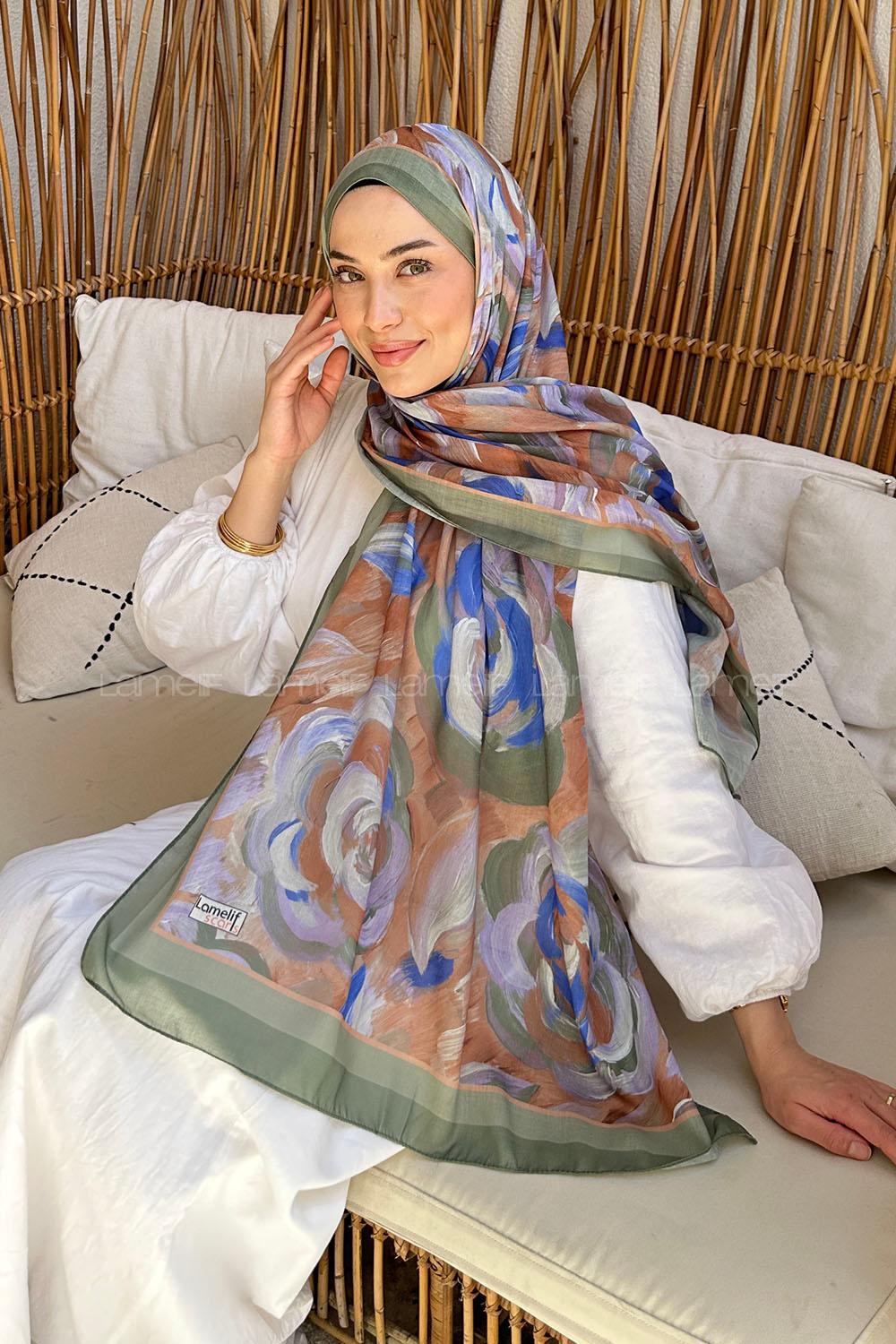 Lamelif Çiçek Desen Pamuk Şal Haki