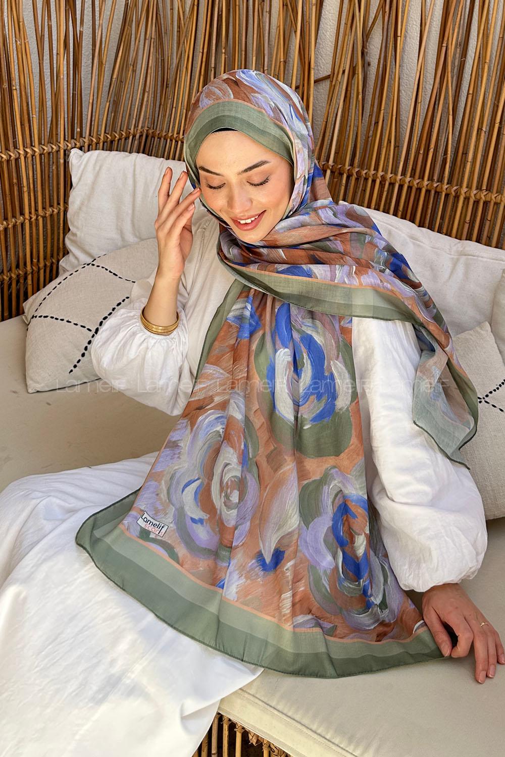 Lamelif Çiçek Desen Pamuk Şal Haki