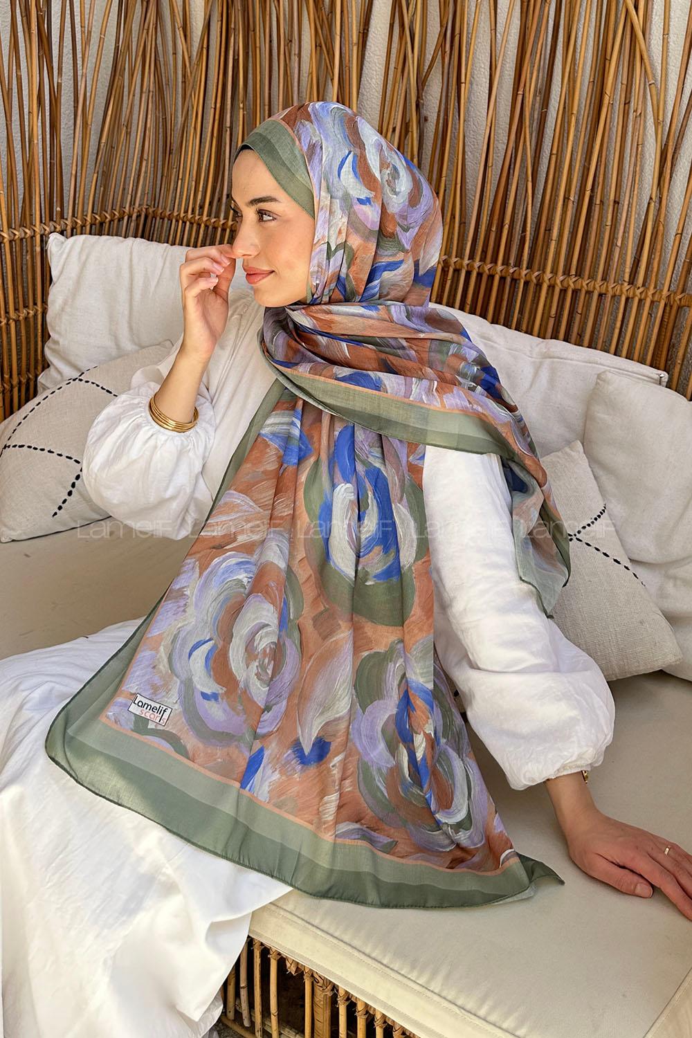 Lamelif Çiçek Desen Pamuk Şal Haki