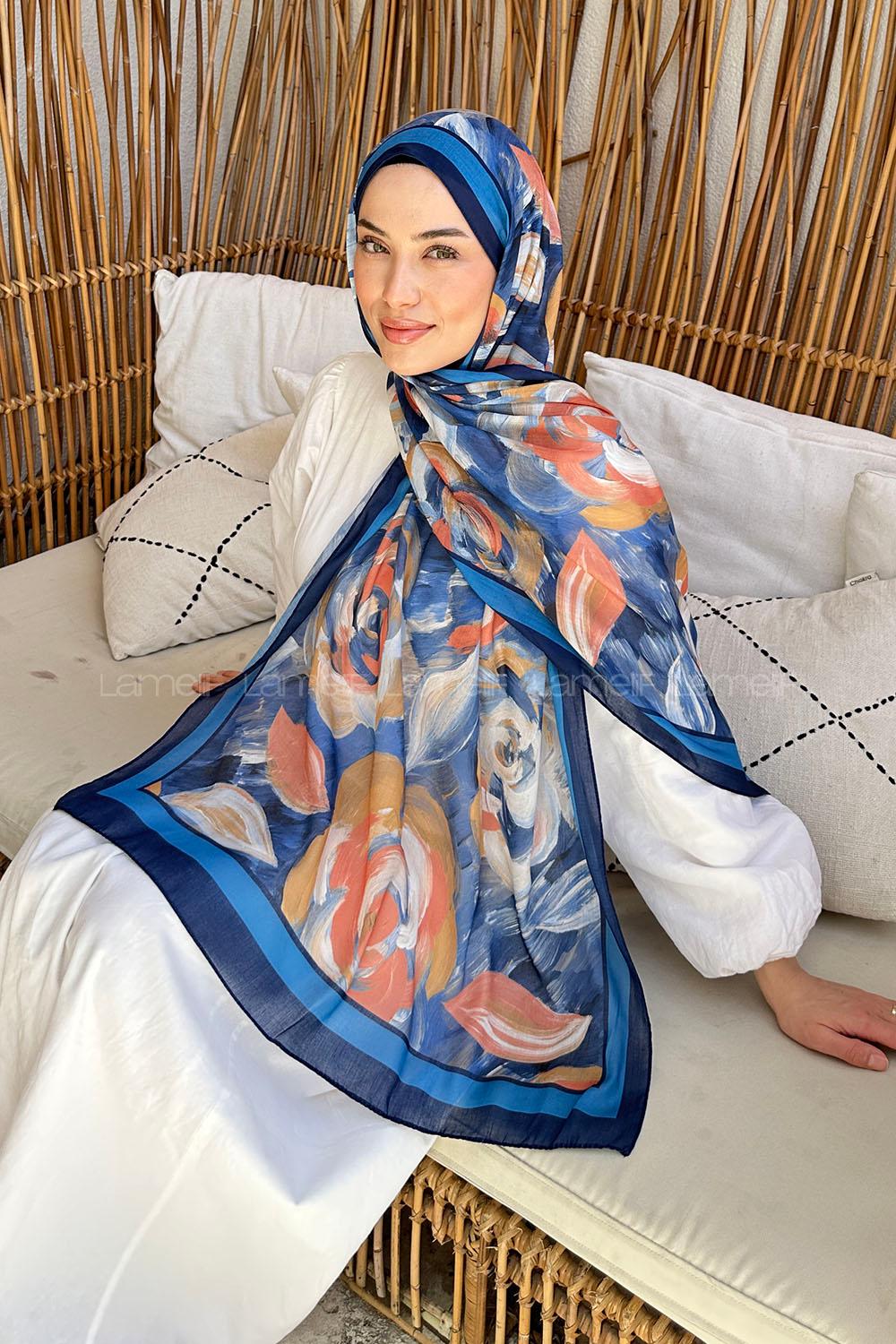 Lamelif Çiçek Desen Pamuk Şal Lacivert