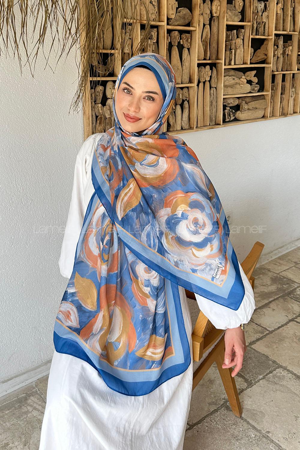 Lamelif Çiçek Desen Pamuk Şal Mavi