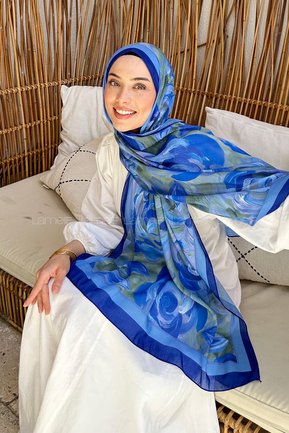 Lamelif Çiçek Desen Pamuk Şal Saks Mavisi