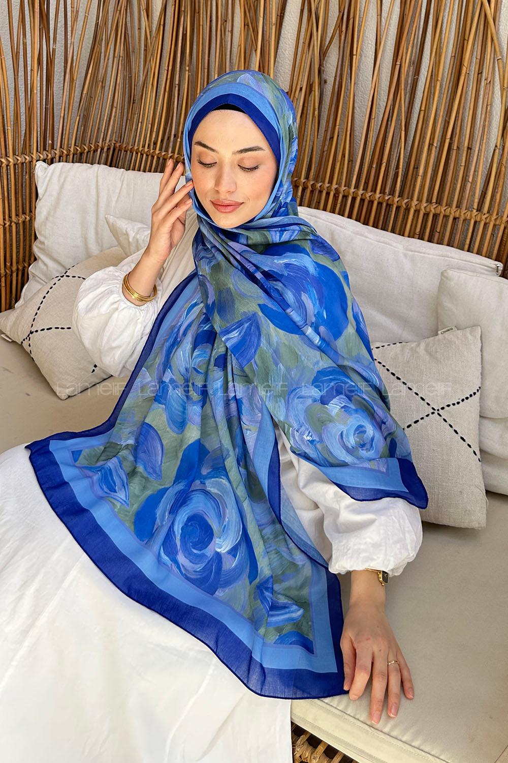 Lamelif Çiçek Desen Pamuk Şal Saks Mavisi