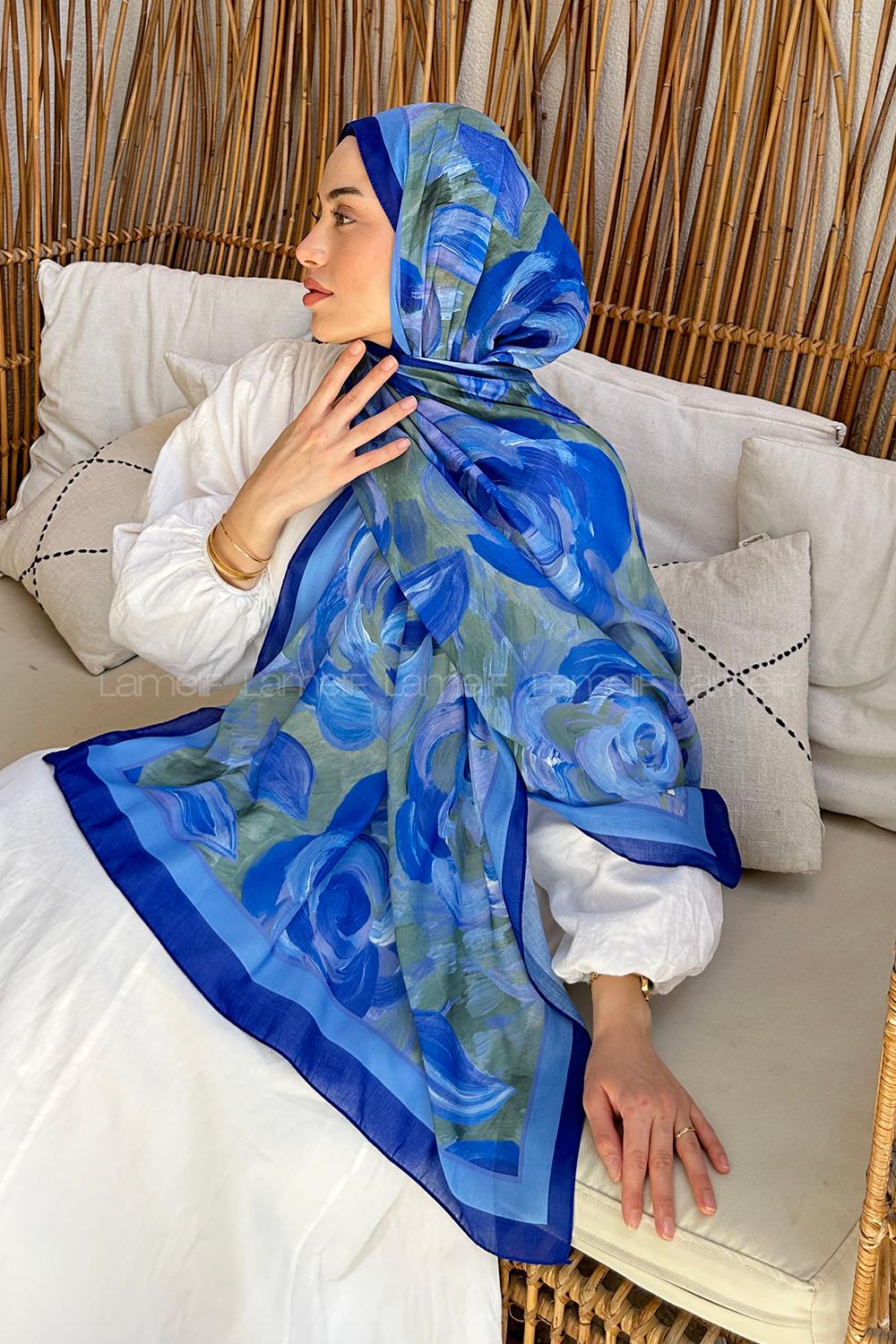 Lamelif Çiçek Desen Pamuk Şal Saks Mavisi